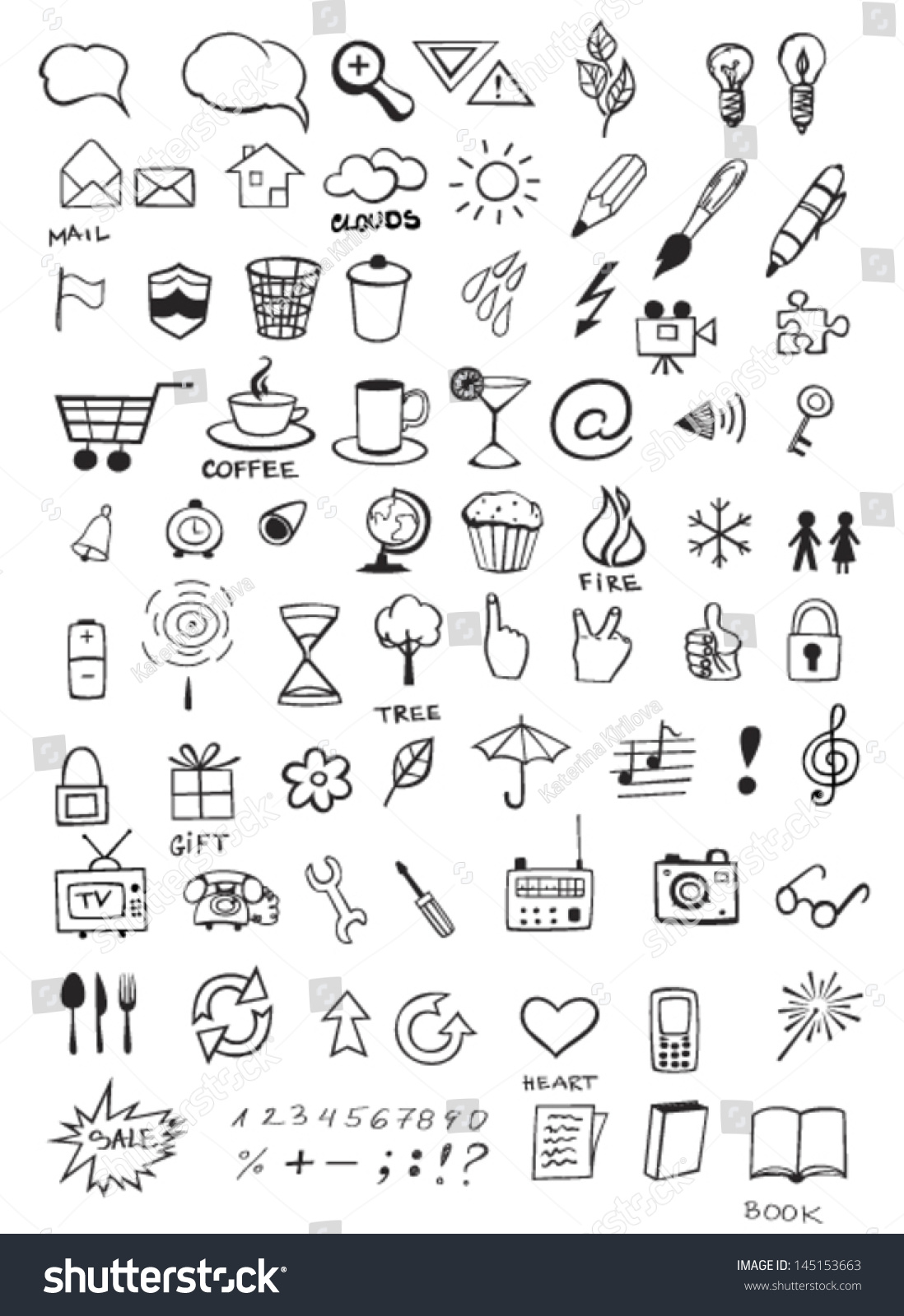 Set Various Hand Drawn Icons Stock Vector 145153663 - Shutterstock