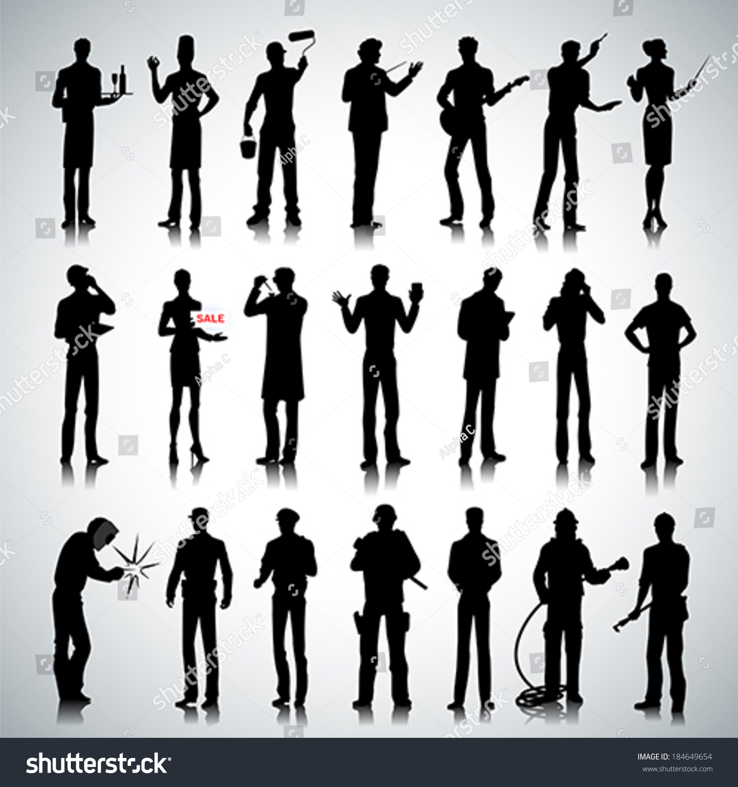 Set Of Various Professions People Silhouettes On Abstract Background ...