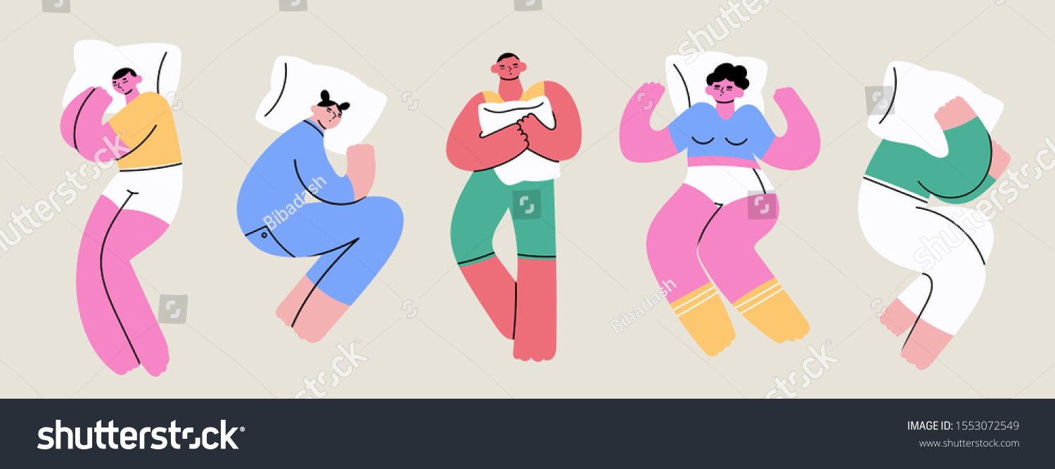 SVG of Set of various sleeping people in different positions. Top view. Hand drawn colored trendy vector illustration. Cartoon style. Flat design. All elements are isolated svg