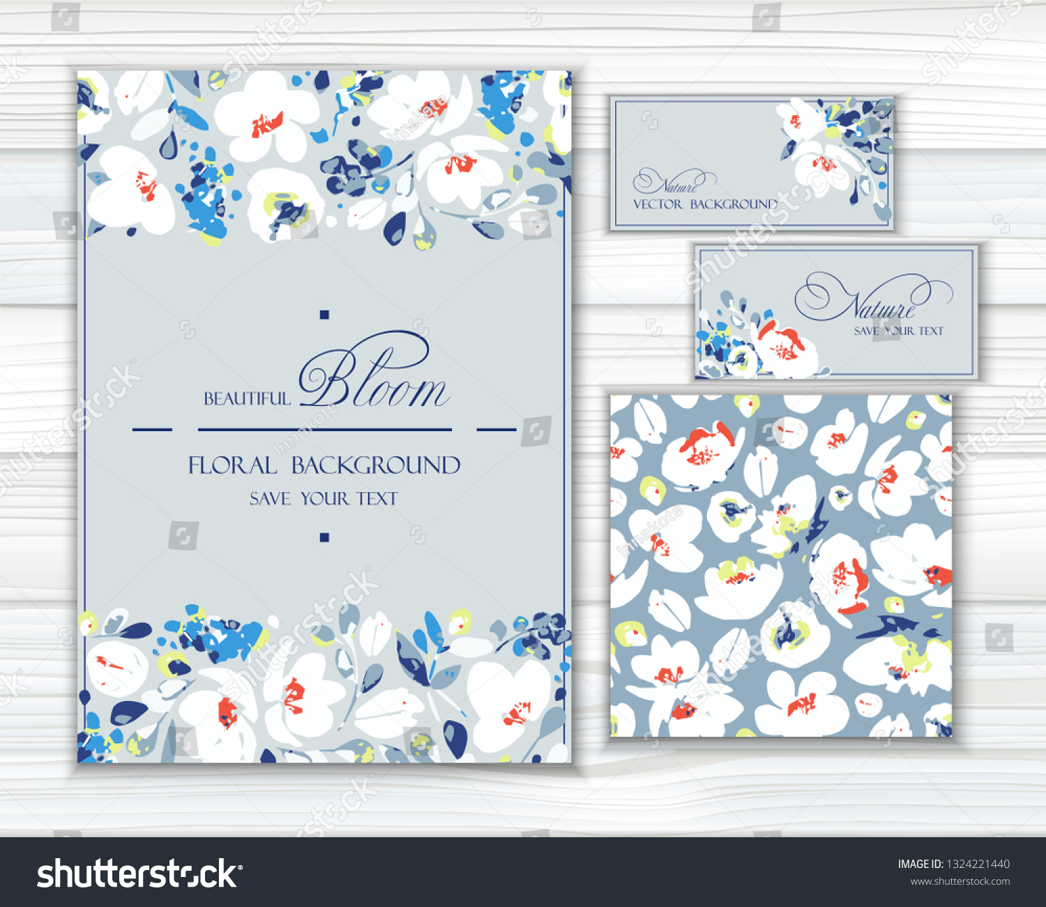 SVG of Set of vector backgrounds for greetings or invitations  with lovely abstract white flowers,  shapes and spots  in light gray colors. Greeting templates and seamless pattern with gentle blooming. svg