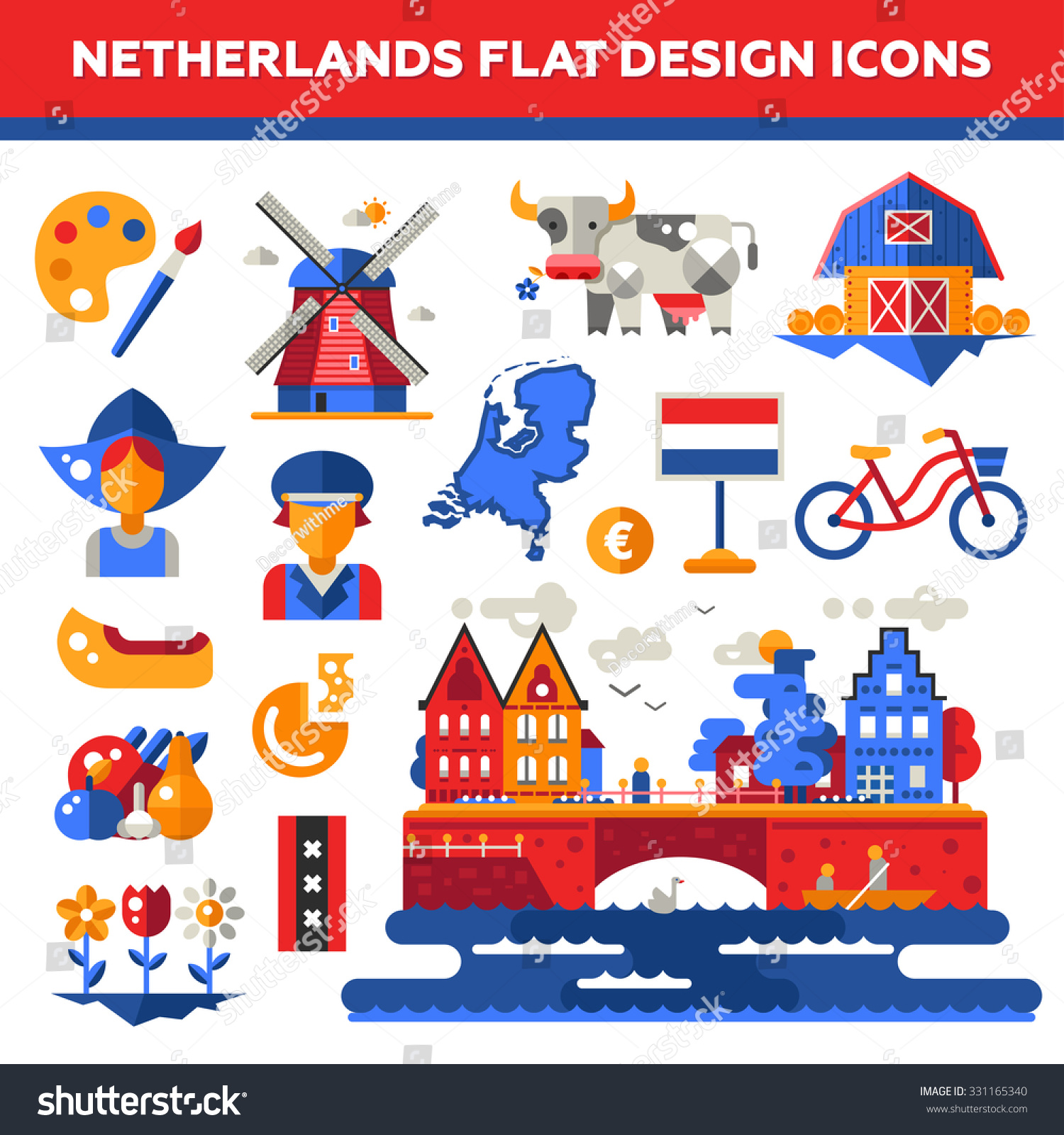 Set Of Vector Flat Design Holland Travel Icons And Infographics ...