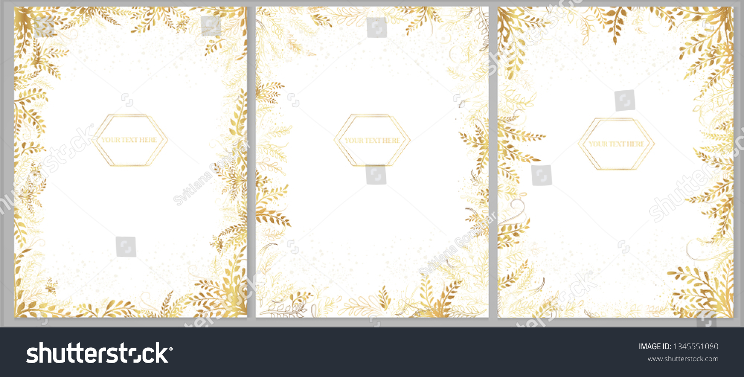 SVG of Set of vector greeting cards with golden plants and twigs on a light background. svg