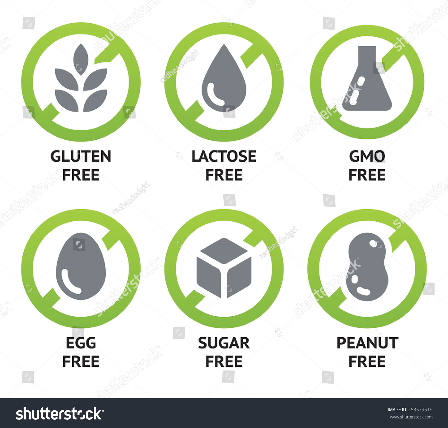 SVG of Set of vector icons of common allergens (gluten, lactose, eggs, peanut), sugar free and GMO free labels. Round stickers with food intolerance symbols for product packaging svg
