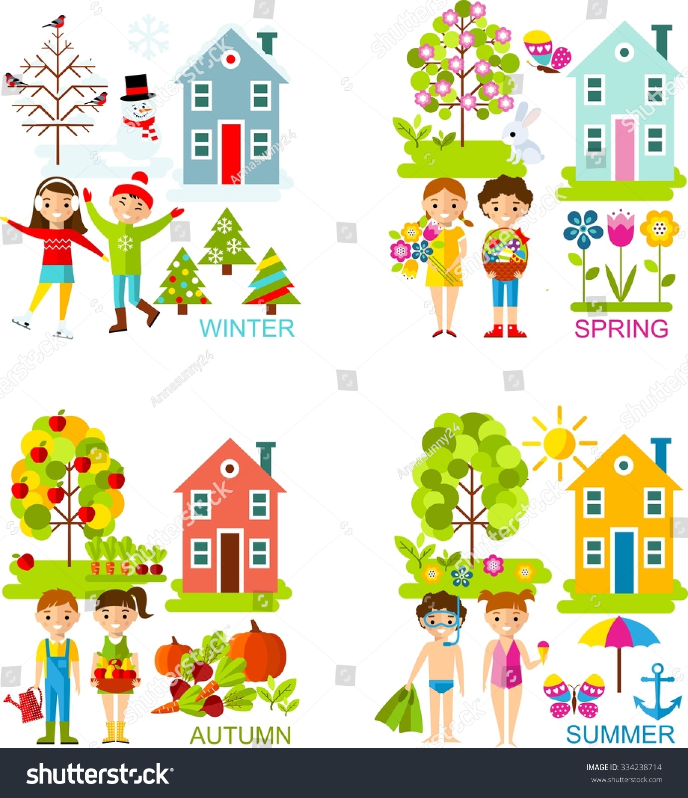 Set Vector Illustration Seasons Tree Children Stock Vector ...