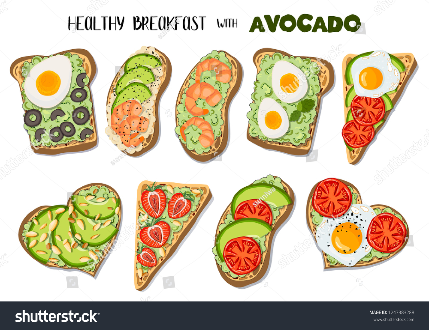SVG of Set of vector isolated objects, beautifully served toasts with avocado on white bread, with different fillings, healthy food. Hand drawing and flat. Illustration for print, web site, menu design svg