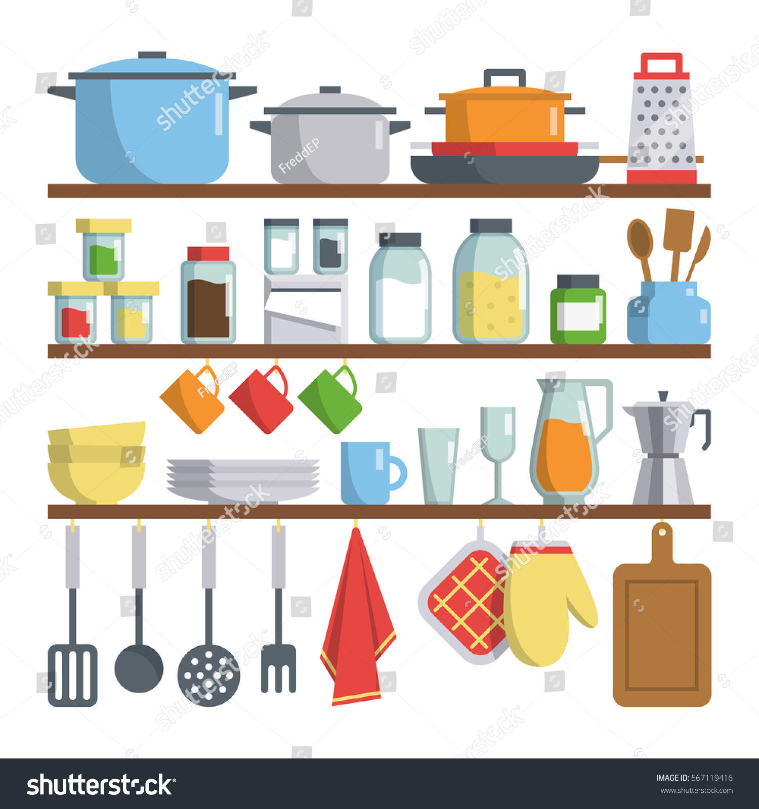 Set Vector Kitchen Equipments On Shelf Stock Vector 567119416  Shutterstock