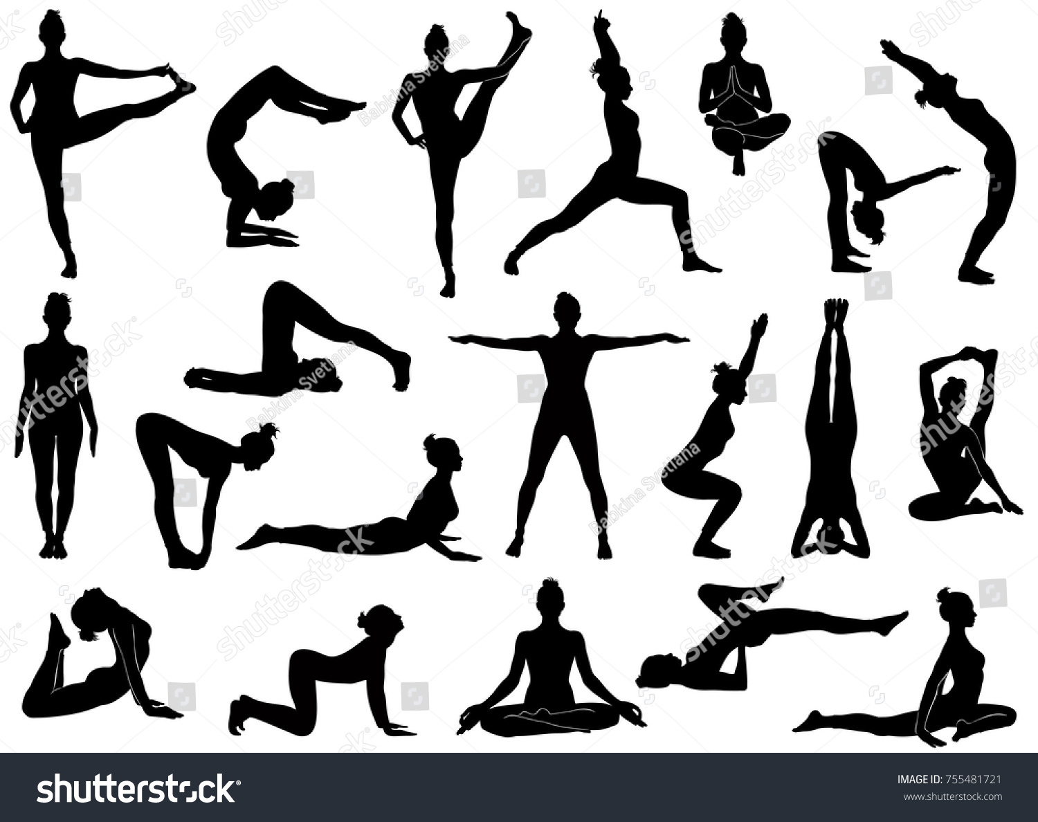 SVG of Set of vector silhouettes of woman doing yoga exercises.  Icons of flexible girl stretching her body in different yoga poses. Black shapes of woman isolated on white background. svg