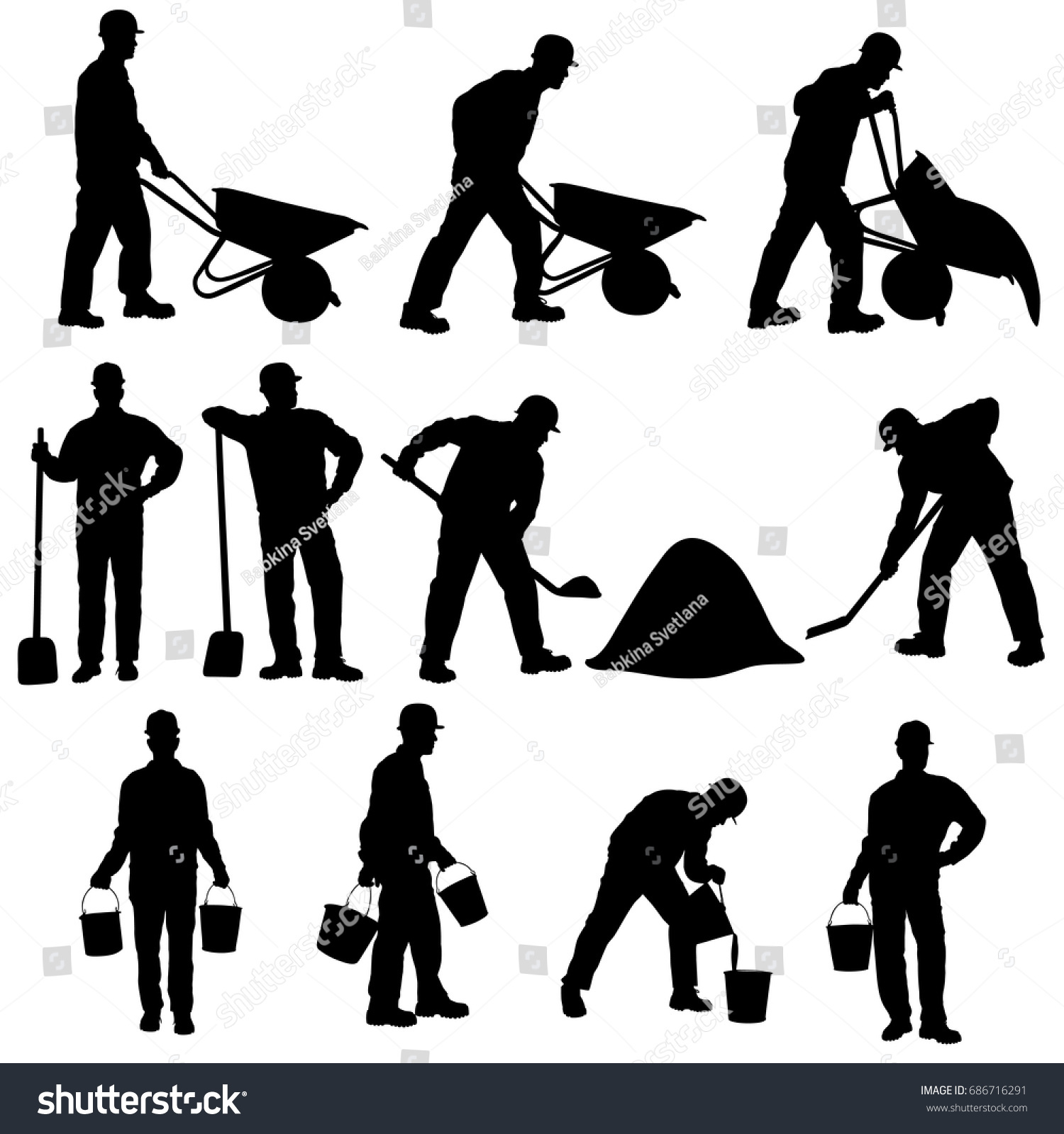 Set Vector Silhouettes Worker Barrow Shovel Stock Vector 686716291 ...