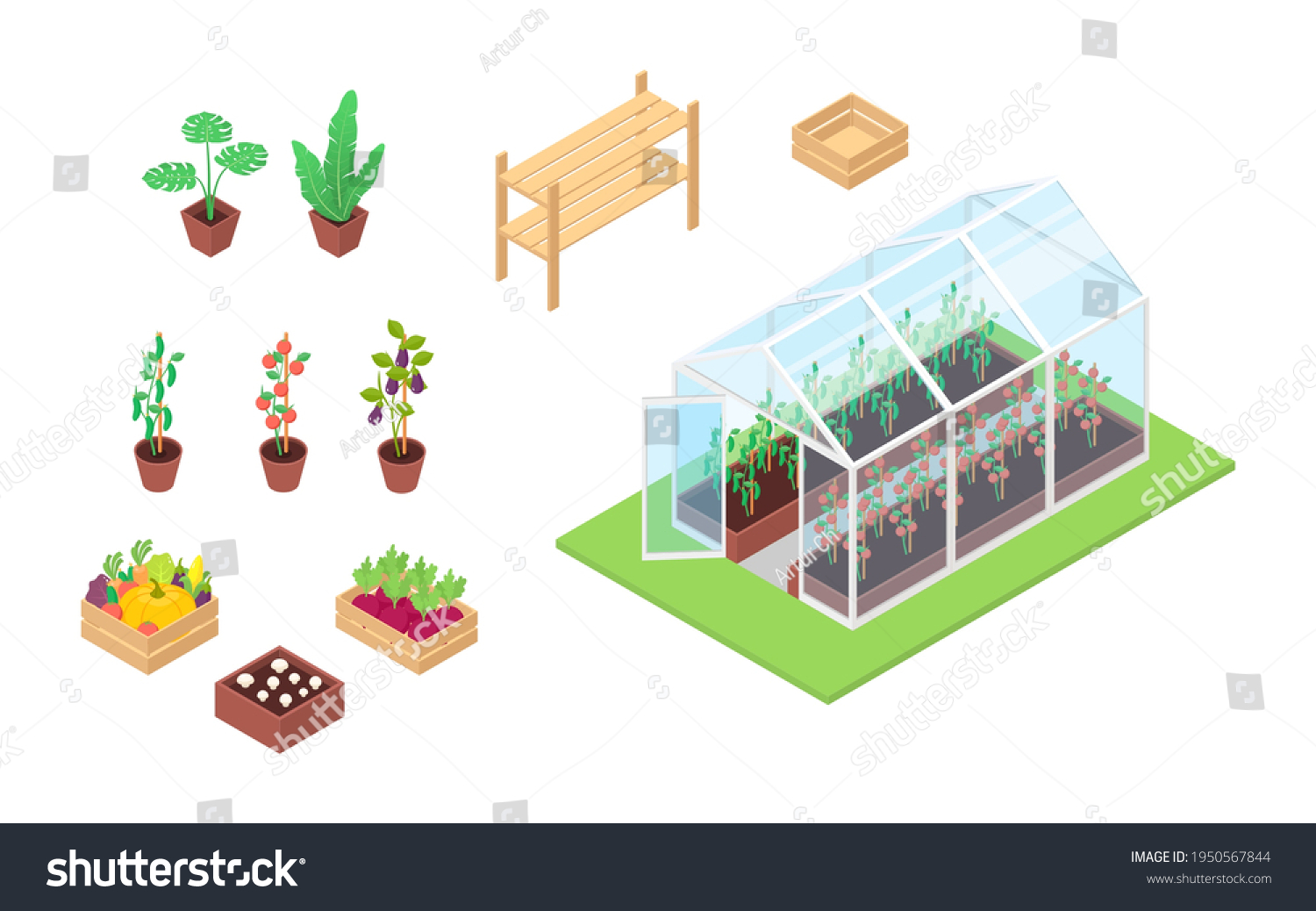 SVG of Set of vegetables, plants, seedlings and greenhouse on a white background. Flat vector isometric illustration. svg