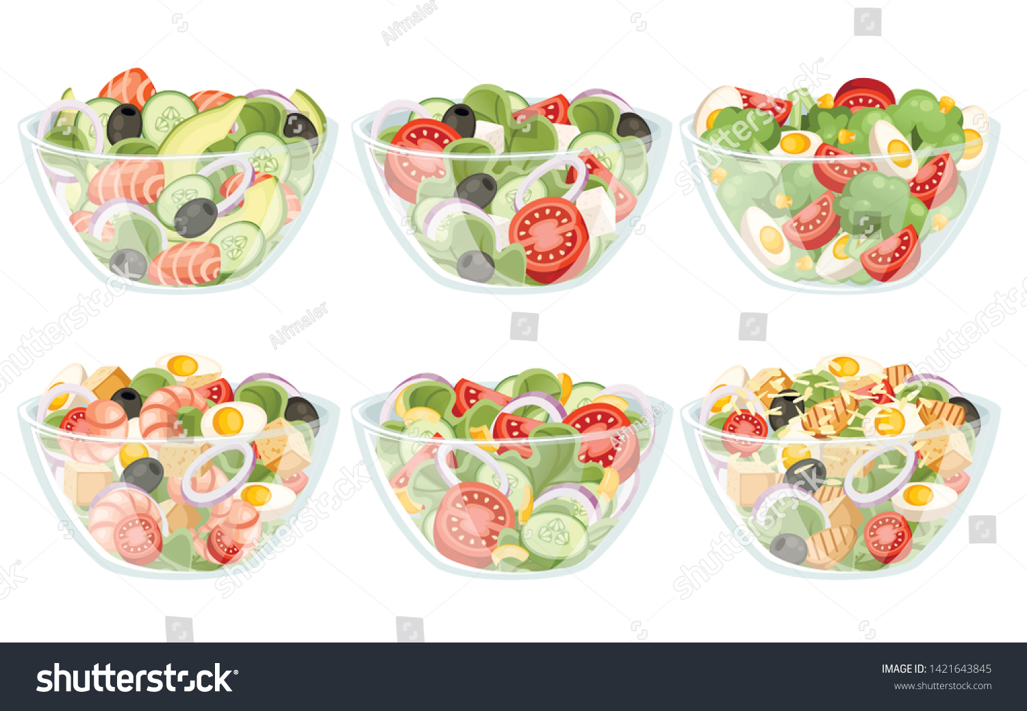 材料の違う野菜サラダのセット 透明な鉢にサラダ 新鮮な野菜の漫画のアイコンデザイン食品 白い背景に平らなベクターイラスト のベクター画像素材 ロイヤリティフリー