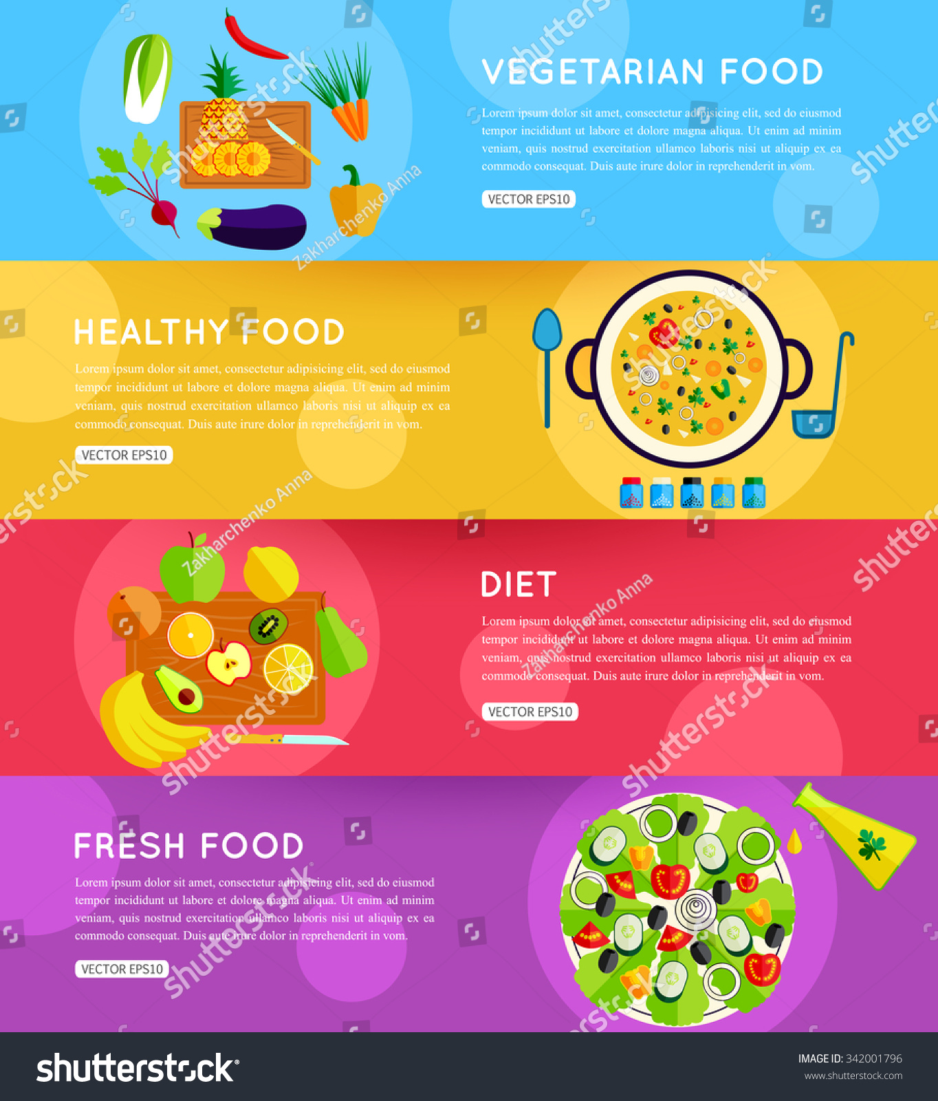 Set Vegetarian Food Horizontal Banners Vector Stock Vector (Royalty ...