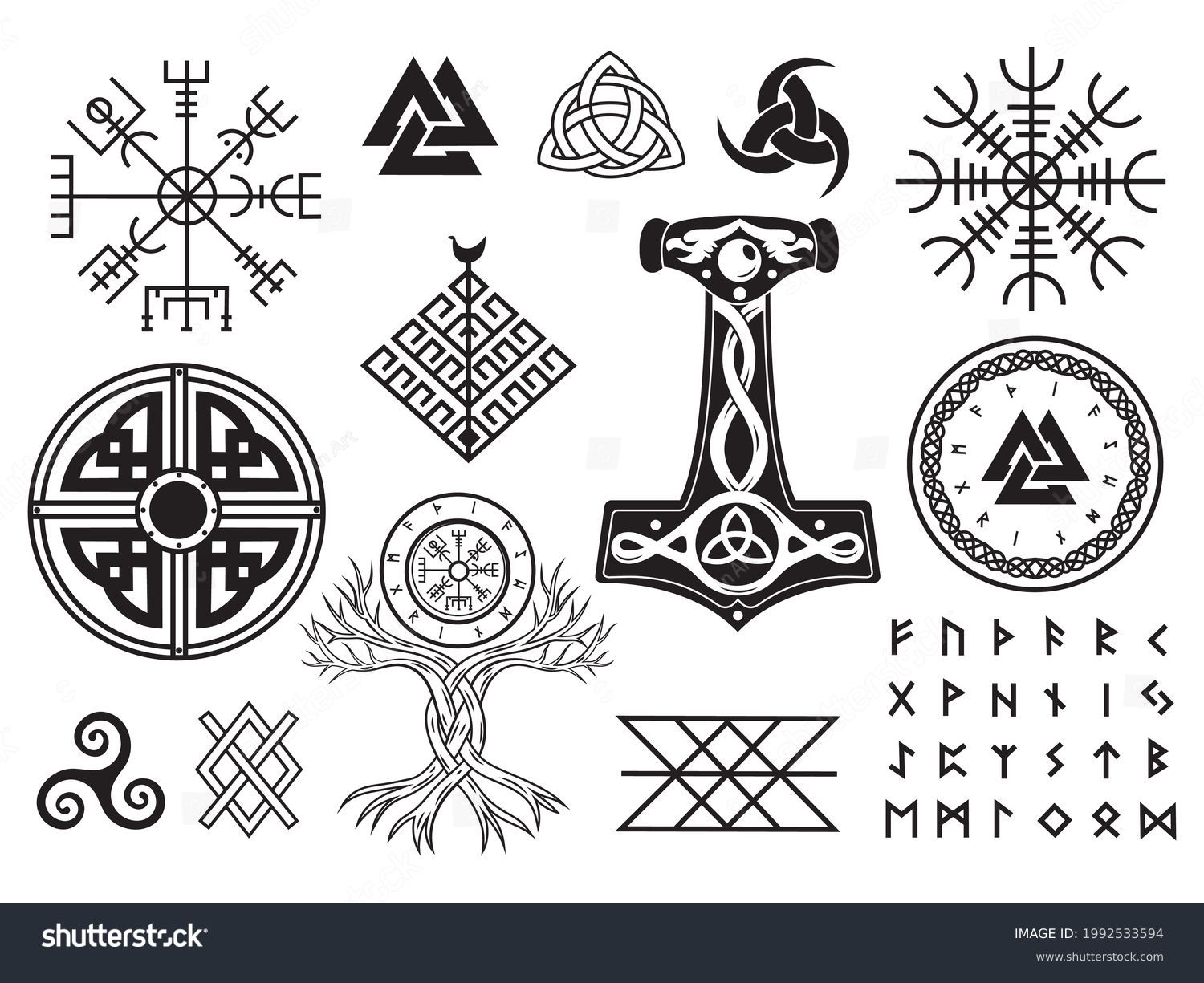 SVG of Set of Viking symbols. Collection of scandinavian pagan norse sign vegvisir, celtic tree of life, hammer of Thor, etc. Magic warrior norse symbol. Vector illustration on white background.  svg