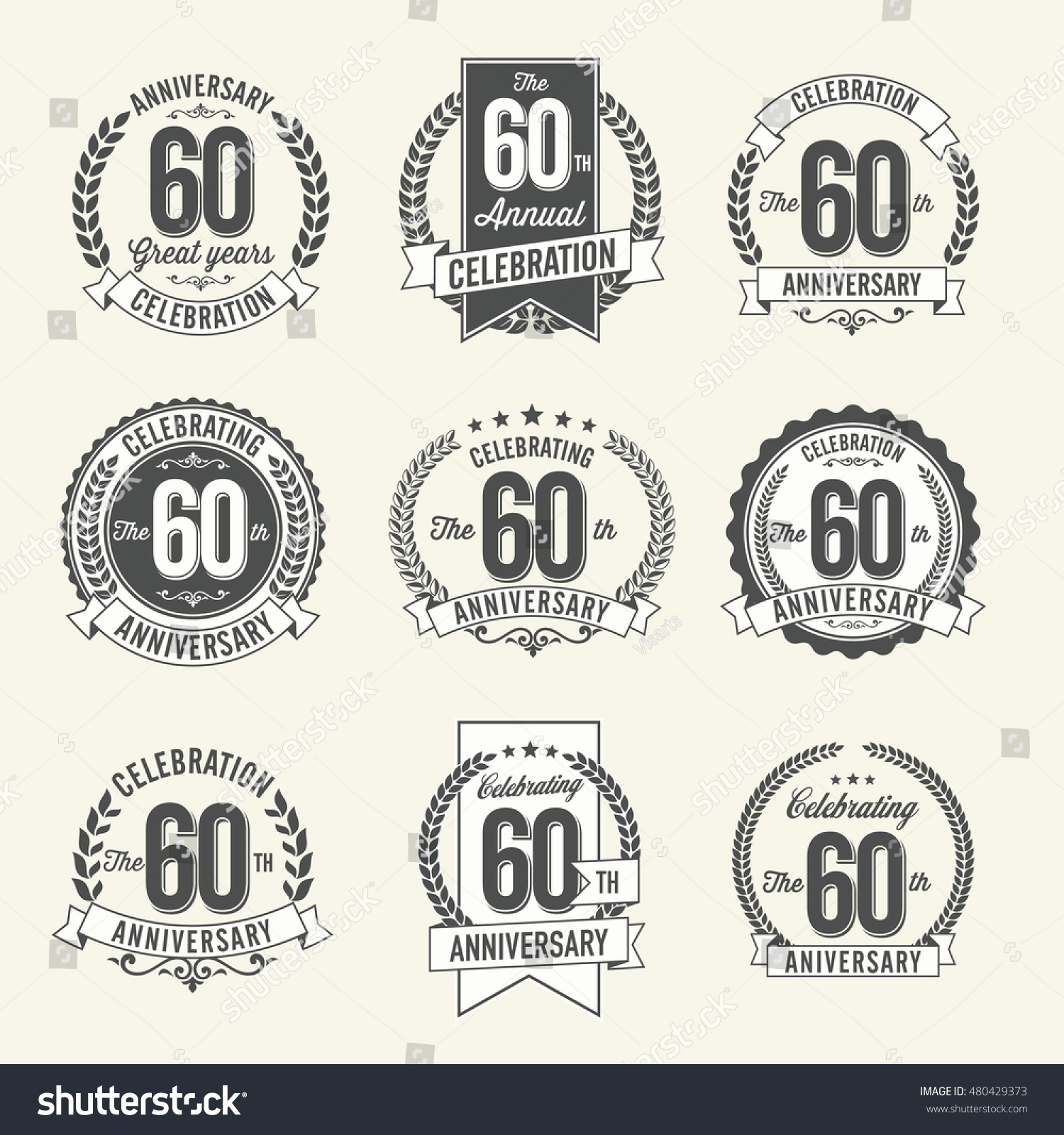 SVG of Set of Vintage Anniversary Badges 60th Year Celebration. Black and White. Diamond Anniversary. svg