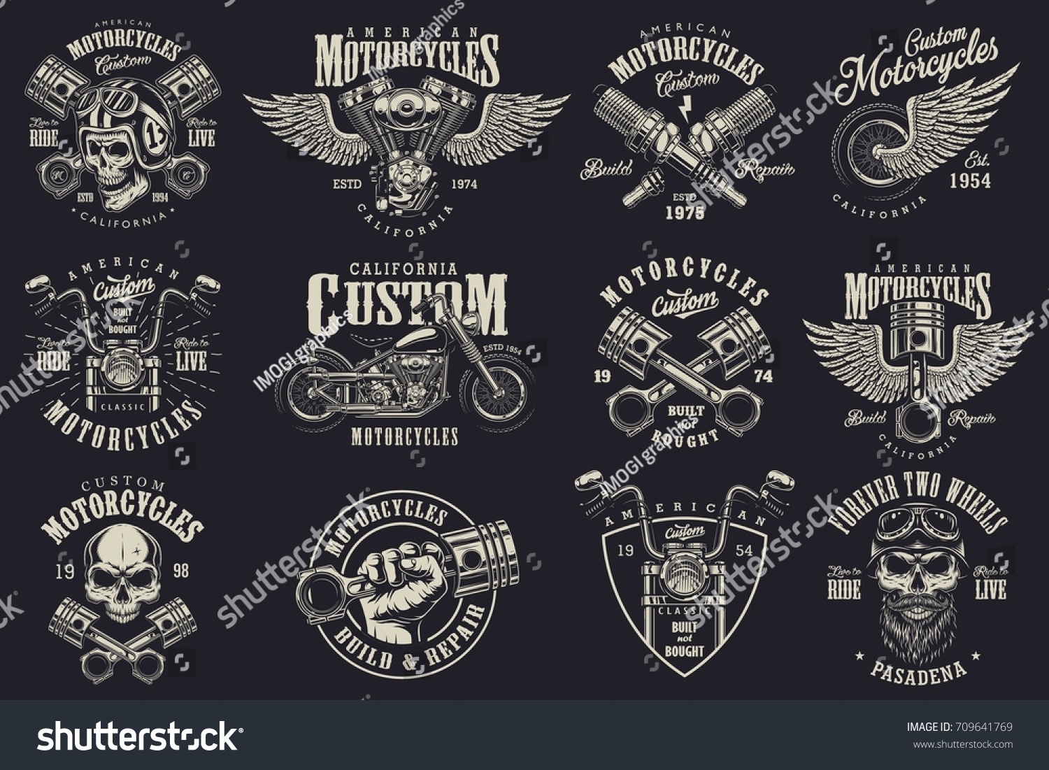 Set Vintage Custom Motorcycle Emblems Labels Stock Vector Royalty Free