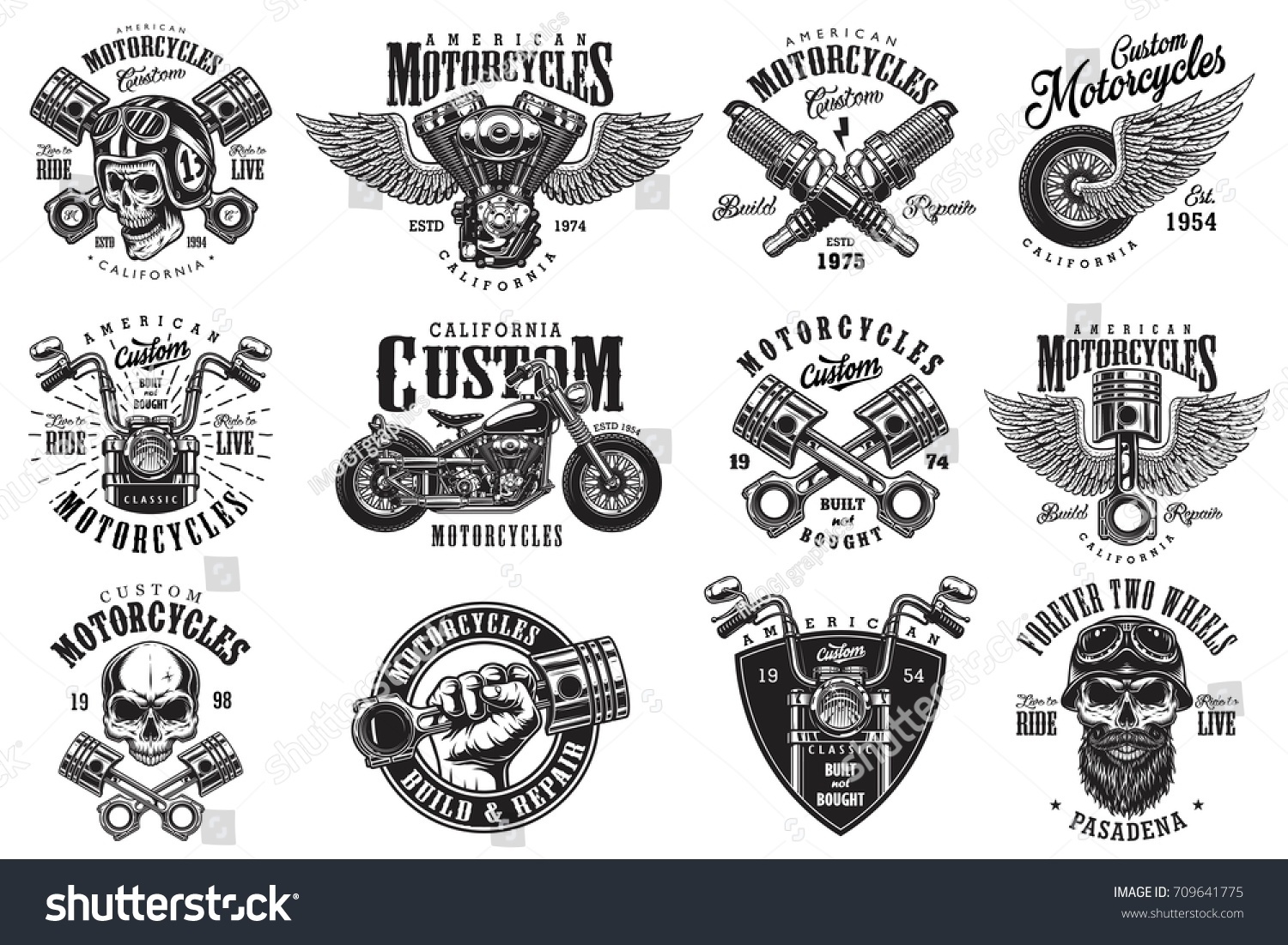 Set Vintage Custom Motorcycle Emblems Labels Stock Vector