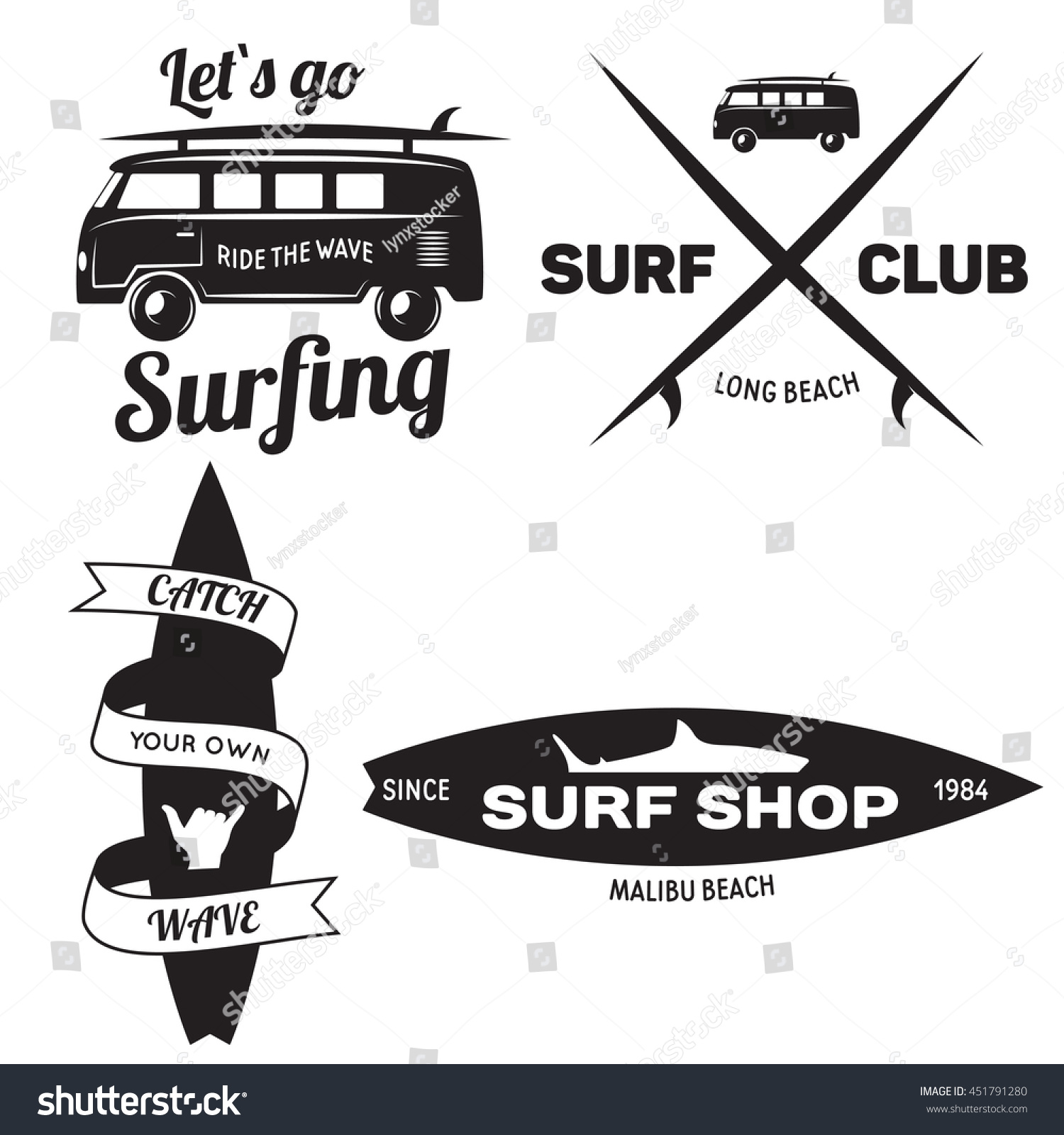 Set Vintage Surfing Graphics Emblems Web Stock Vector Royalty Free 451791280
