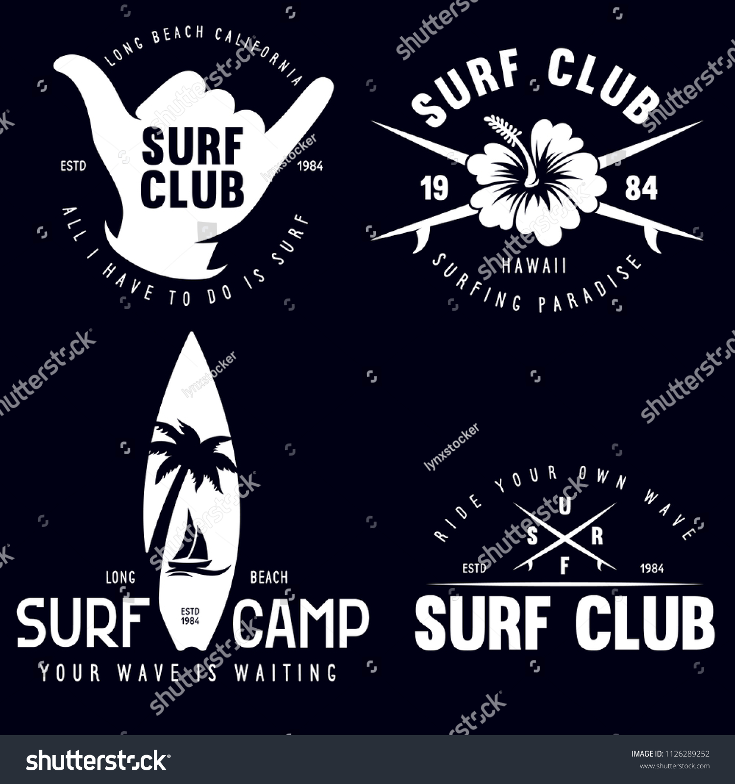Set Vintage Surfing Graphics Emblems Web Stock Vector Royalty Free 1126289252