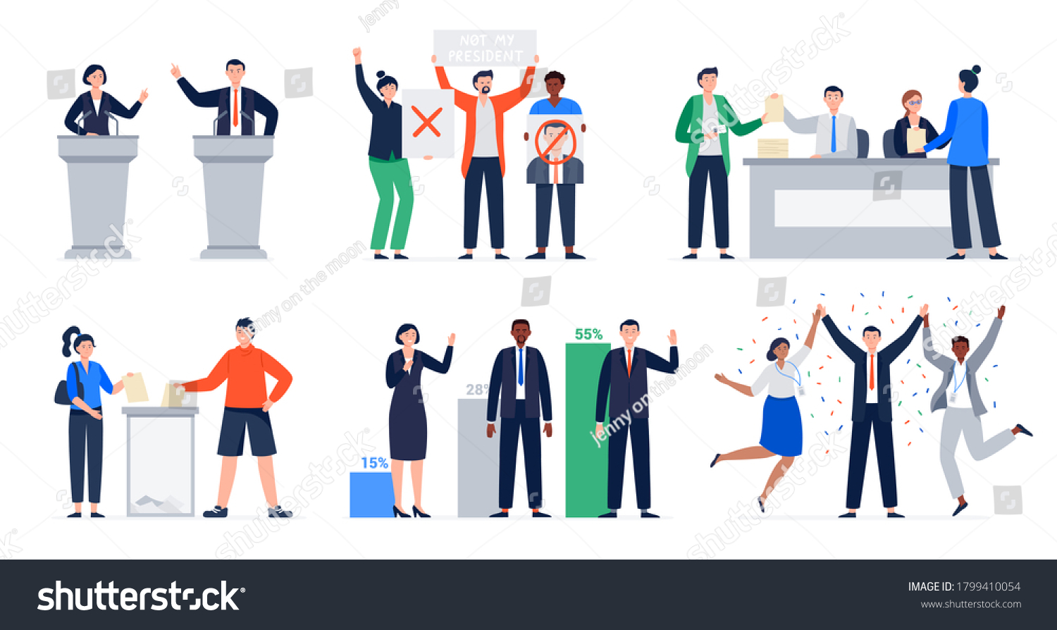 SVG of Set of voting and election concepts. Debate candidates, protesting people, pre-election campaign, election day, results of the voting, the winner with his team.  Vector flat illustrations. svg