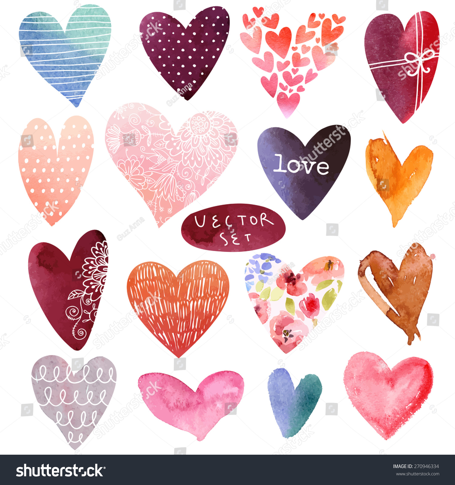 Set Of Watercolor Hearts. Vector Illustration - 270946334 : Shutterstock