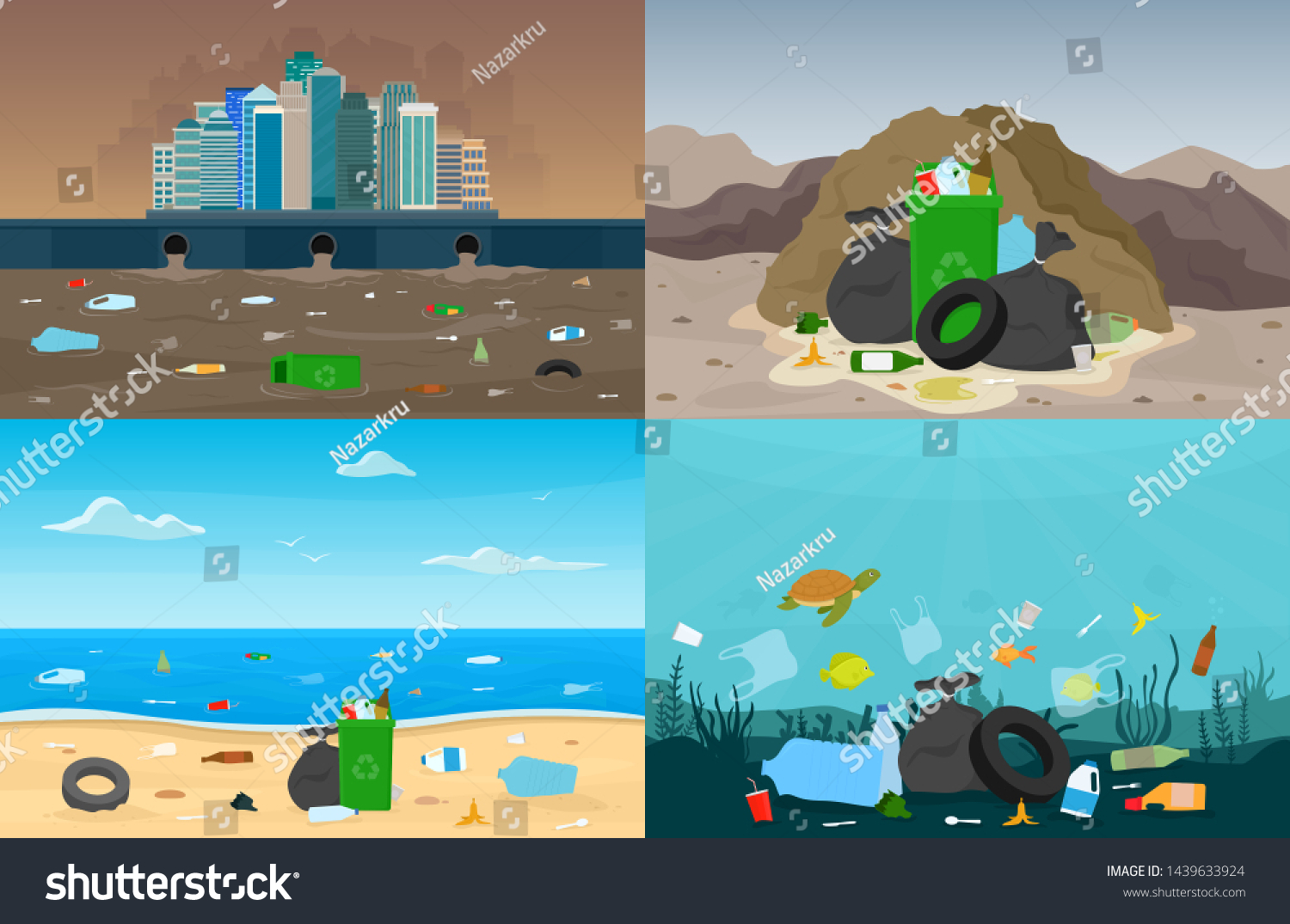 汚染環境のコンセプトを持つウェブバナーのセット 汚いごみを持つパイプが町にある ごみとプラスチックが入った汚い海岸 平らなベクター画像イラスト のベクター画像素材 ロイヤリティフリー
