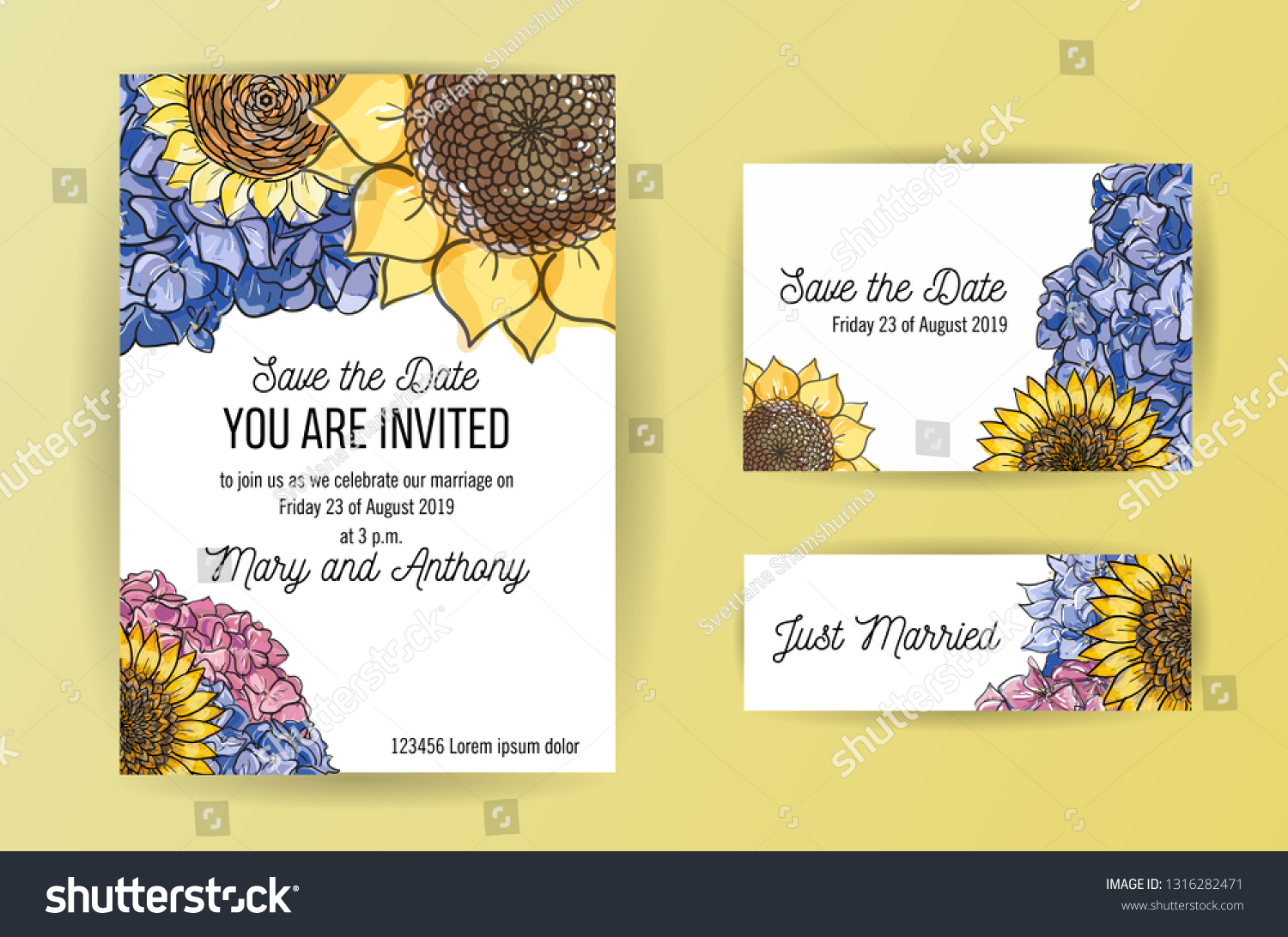 Set Wedding Invitation Card Flowers Hydrangea Stock Vector (Royalty ...