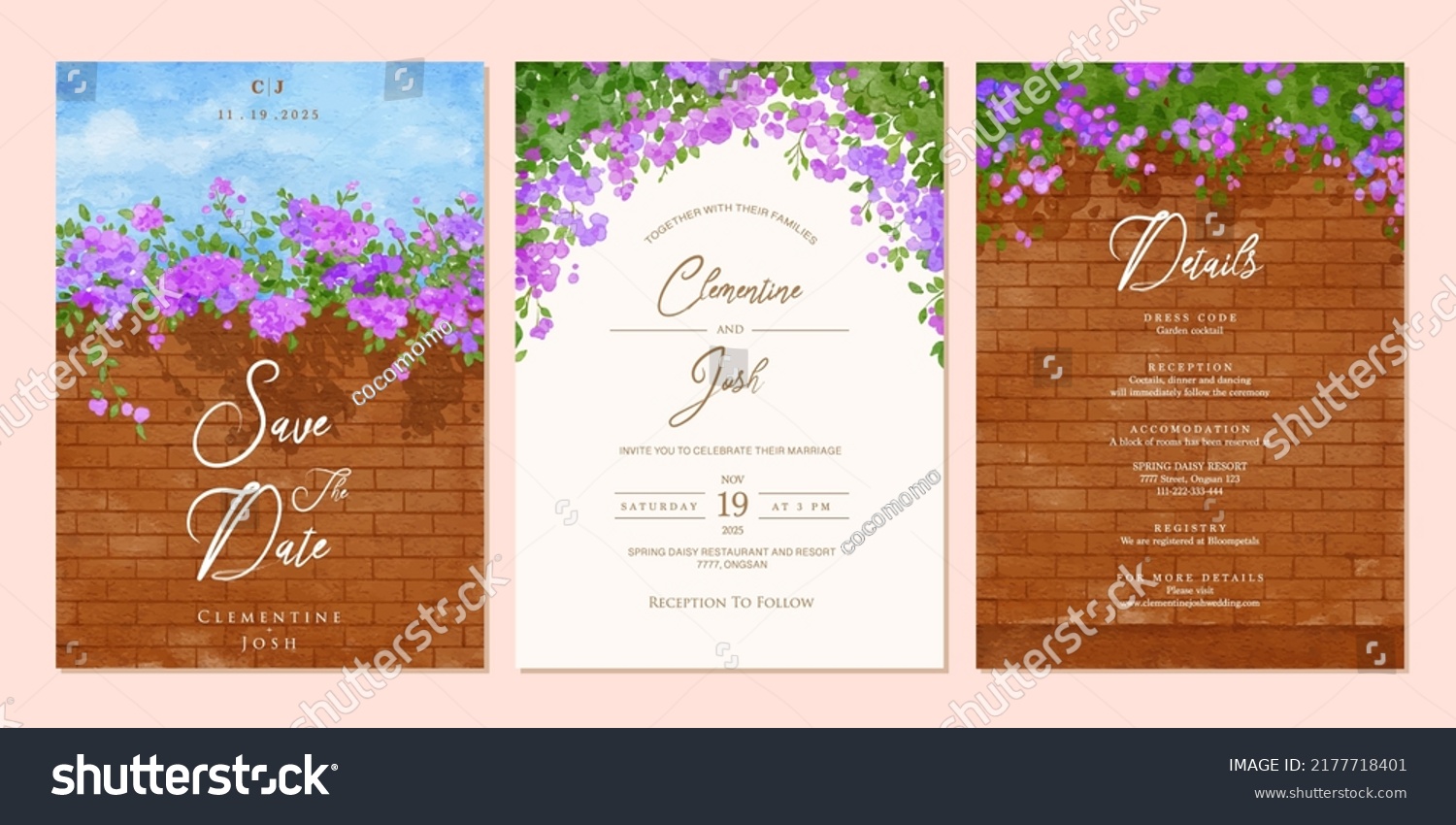 SVG of Set of wedding invitation template with watercolor bougainvillea flower brick wall landscape svg