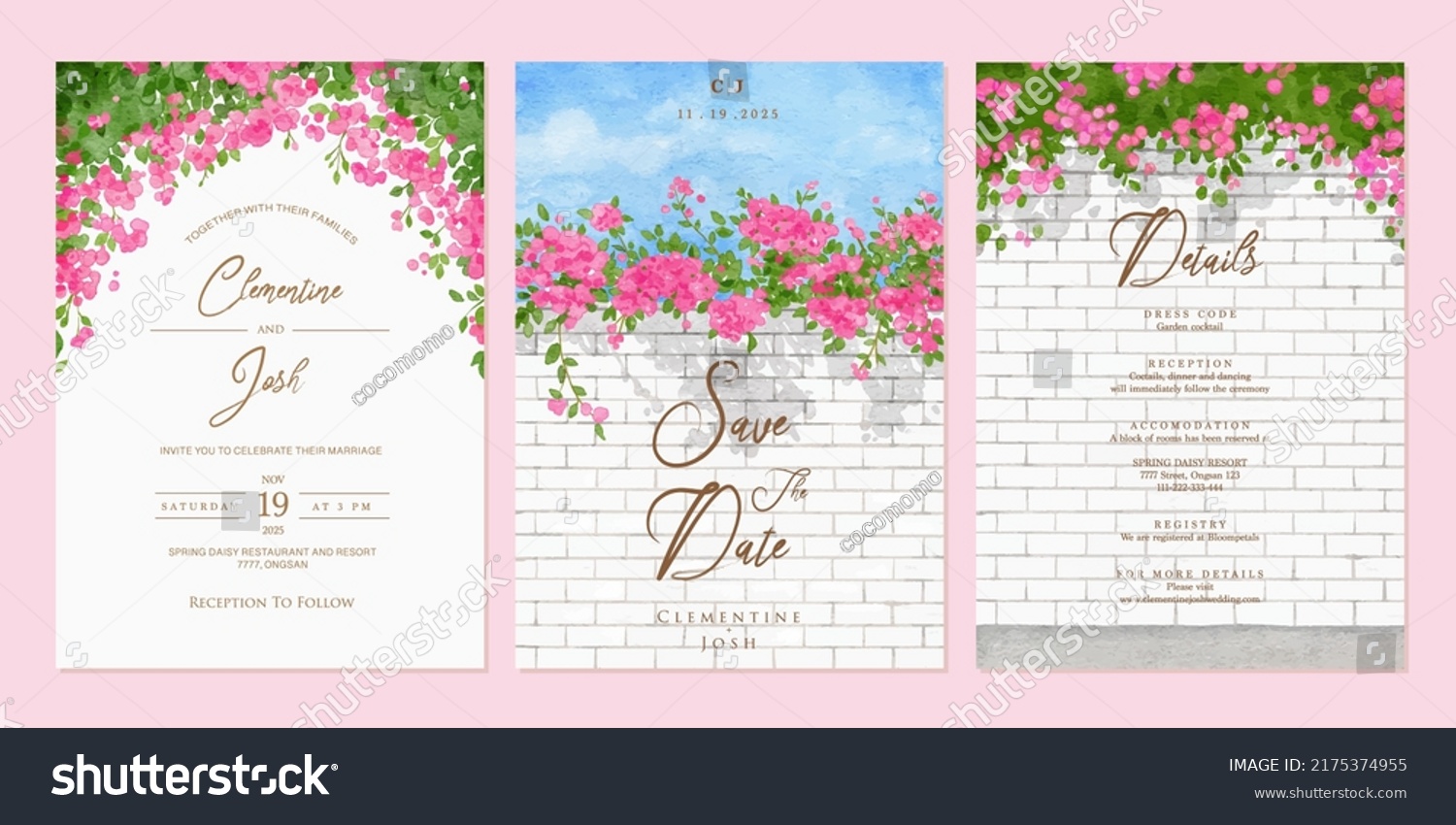 SVG of Set of wedding invitation template with watercolor pink bougainvillea flower brick wall landscape svg