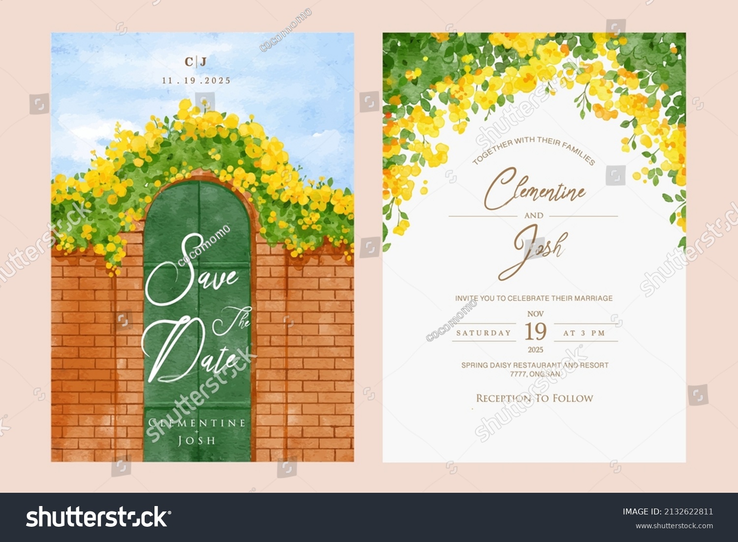 SVG of Set of wedding invitation template with watercolor yellow bougainvillea flower brick wall landscape svg