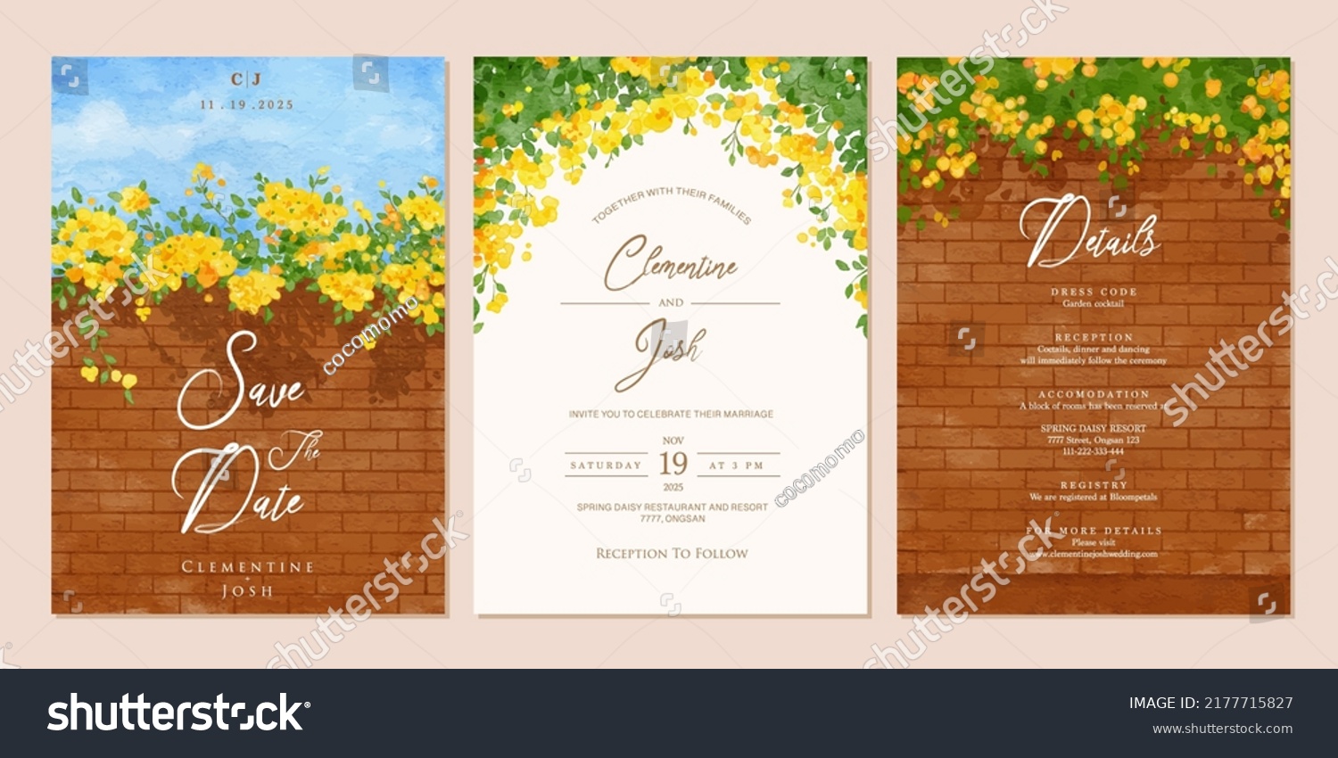 SVG of set of wedding invitation template with watercolor yellow bougainvillea flower brick wall landscape svg