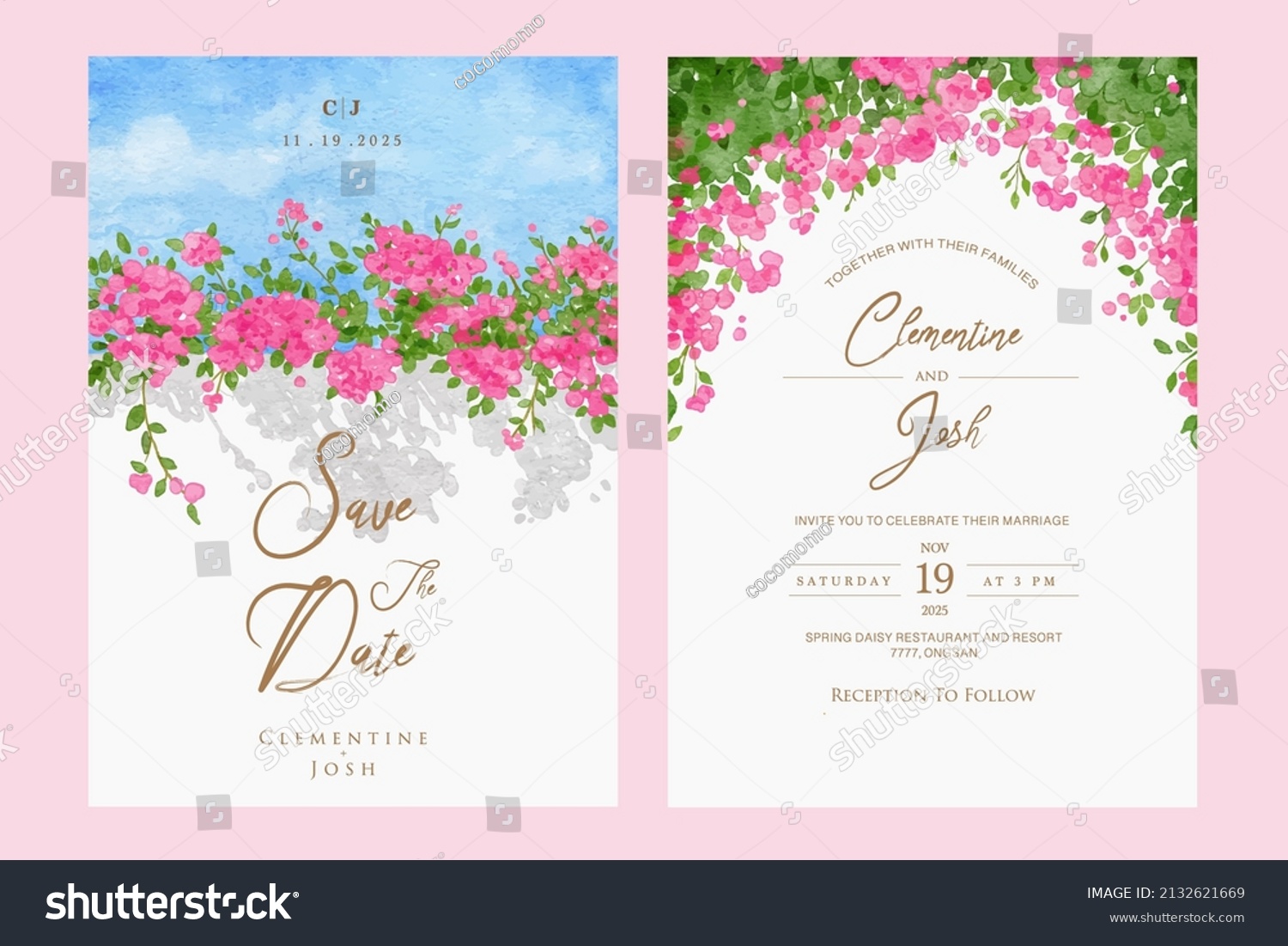 SVG of Set of wedding invitation with hand drawn watercolor spring pink bougainvillea flower background svg