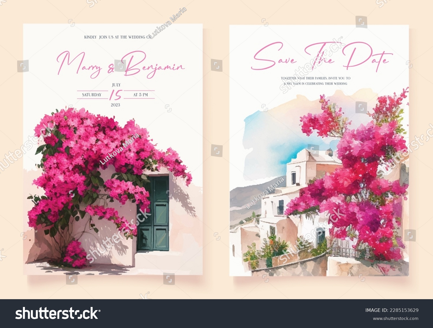 SVG of Set of wedding invitation with hand drawn watercolor spring pink bougainvillea flower background svg