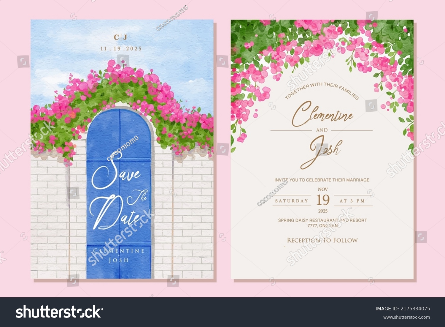 SVG of Set of wedding invitation with hand drawn watercolor spring pink bougainvillea flower Santorini svg