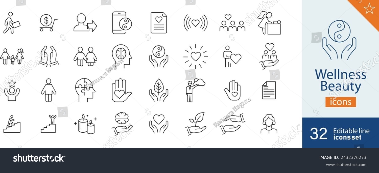 SVG of Set of 32 Wellness Beauty web icons in line style. Health, mental, activity, brain. Vector illustration. svg
