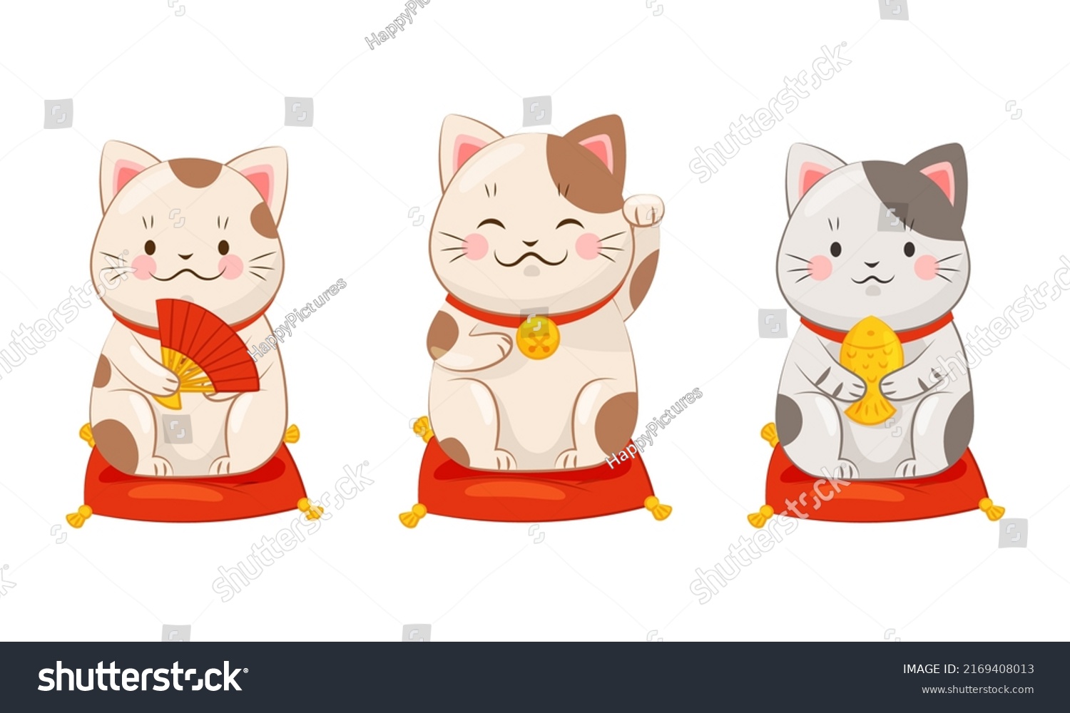 SVG of Set of white Japanese lucky cat maneki neko. Traditional Japan culture sculpture vector illustration svg