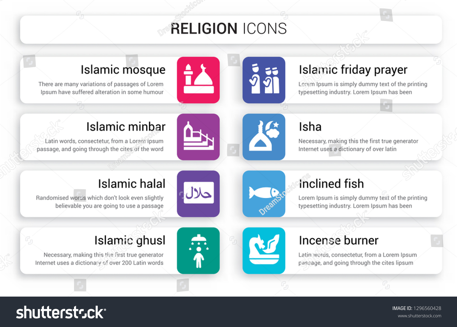 SVG of Set of 8 white religion icons such as Islamic Mosque, Minbar, Halal, Ghusl, Friday Prayer, Isha isolated on colorful background svg