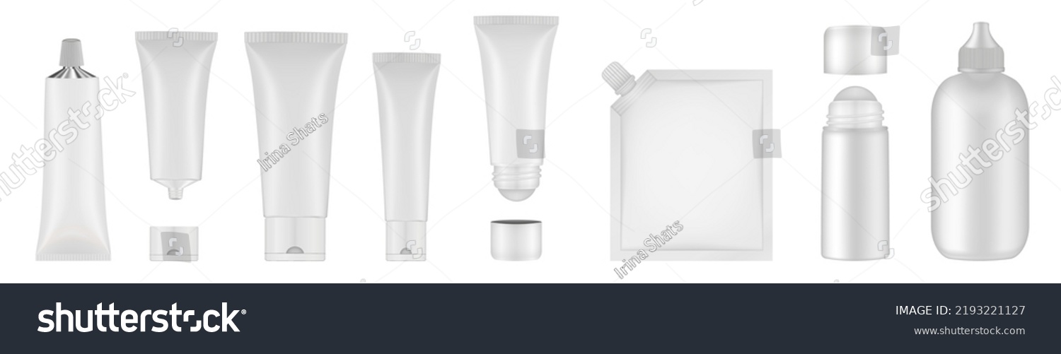 SVG of Set of white tubes and bottles. Roller ball tube. Body antiperspirant deodorant roll-on, open and closed blank tubes with screw cap. Realistic mockup. Eye Cream Roll Ball. Applicator. Spouted pouch svg