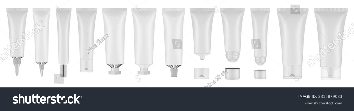 SVG of Set of white tubes and bottles. Roller ball tube. Open and closed blank tubes with screw cap. Realistic mockup. Long nozzle tube. Ointment or salve. Gel serum. Korean packaging svg