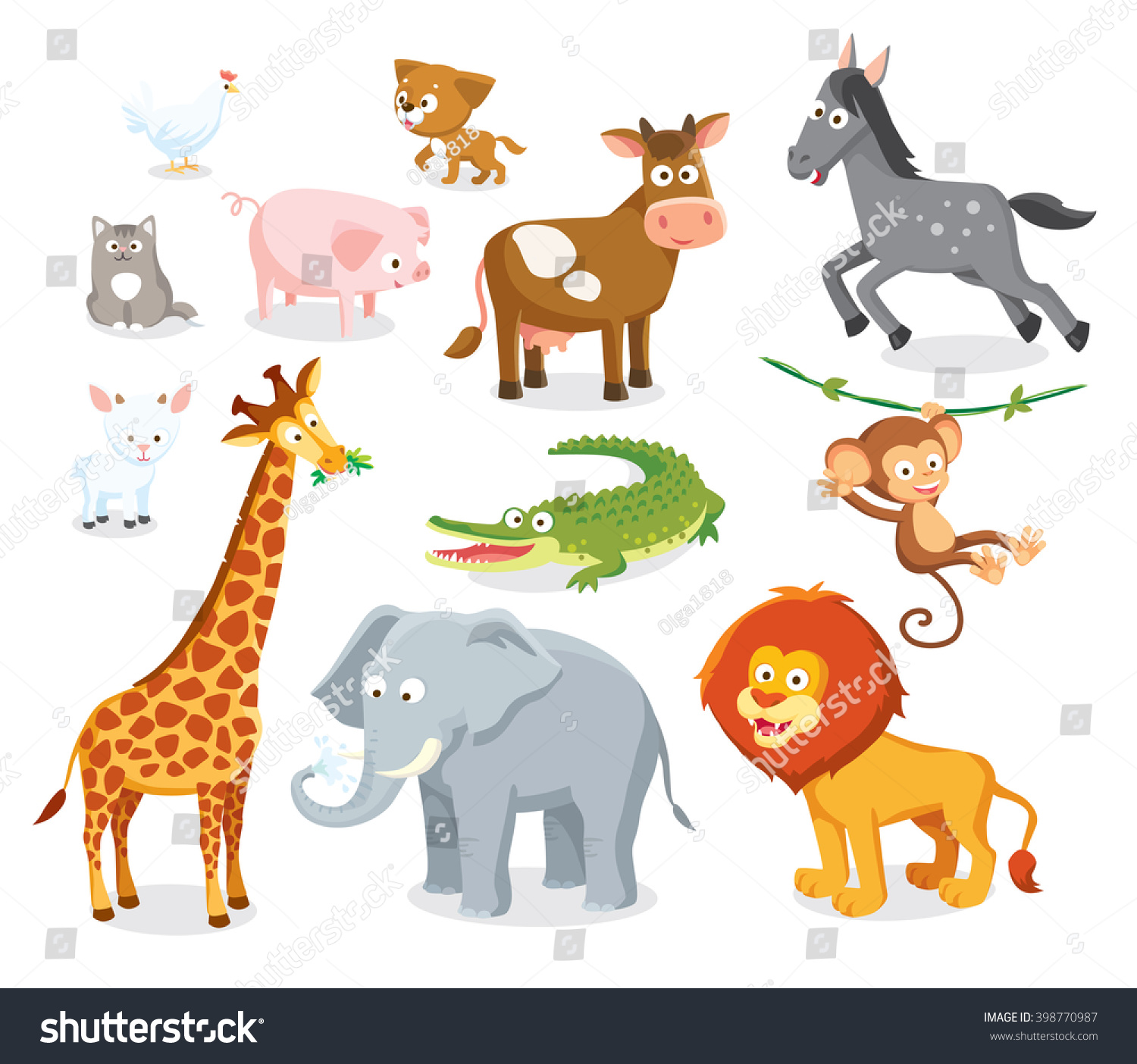 Set Of Wild Savannah, Jungle And Farm Animals Stock Vector 398770987 ...