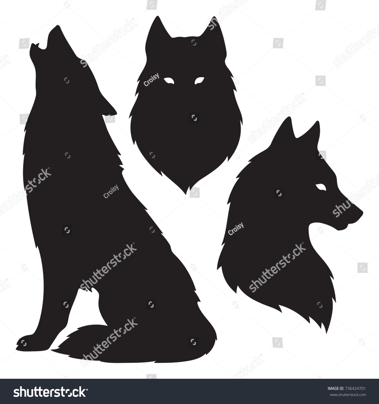 狼のシルエットのセット ステッカー 印刷 タトゥーのデザインベクターイラスト ペーガン トーテム ウィッカンの身近な霊術 のベクター画像素材 ロイヤリティフリー