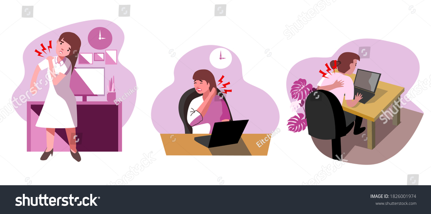 Set Woman Her Office Syndrome Symptoms Stock Vector Royalty Free   Stock Vector Set Of Woman And Her Office Syndrome Symptoms The Pain On Shouder Neck And Back Come From Wrong 1826001974 