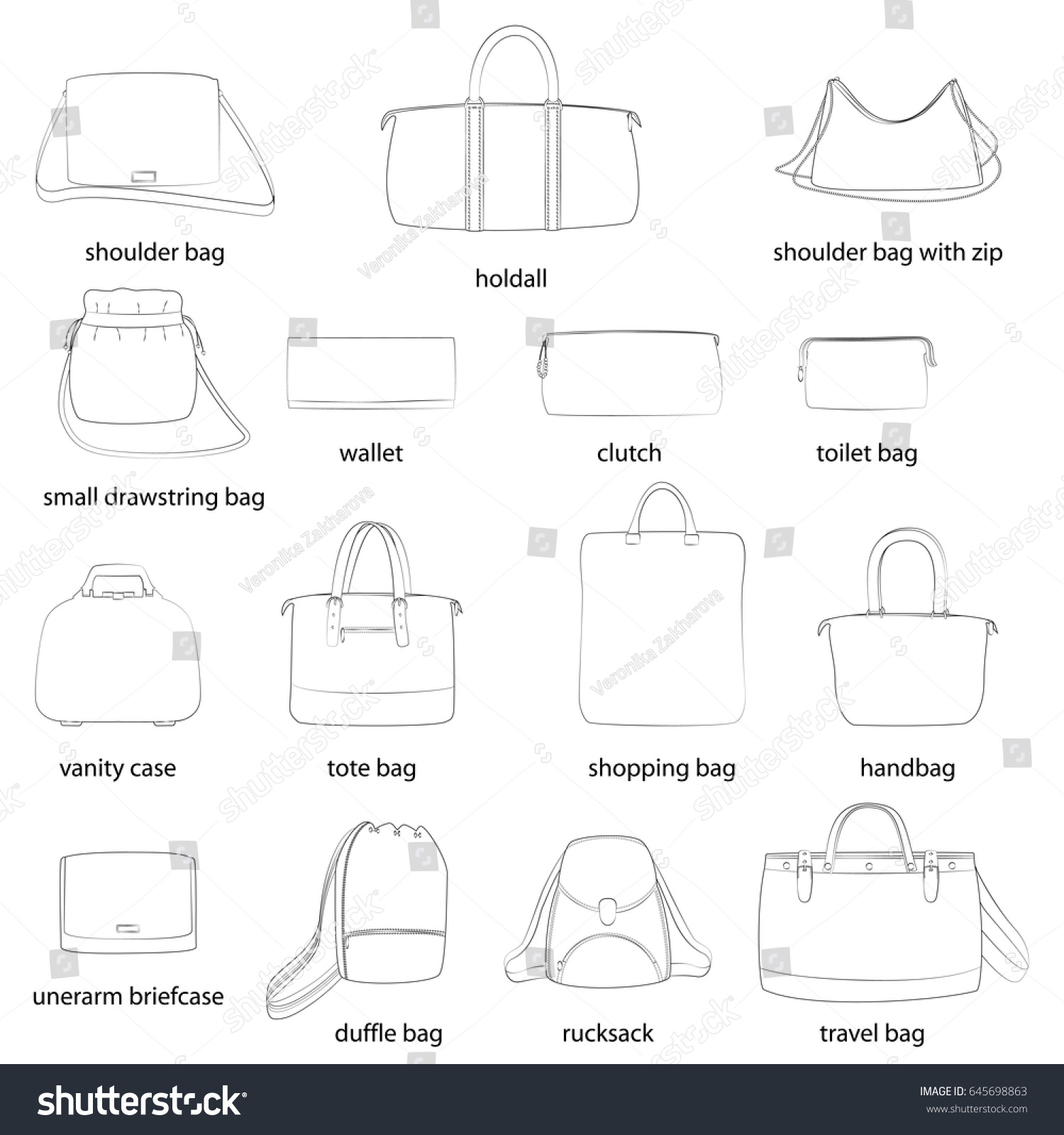 Set Woman Bags Names Black Outline Stock Vector 645698863 - Shutterstock