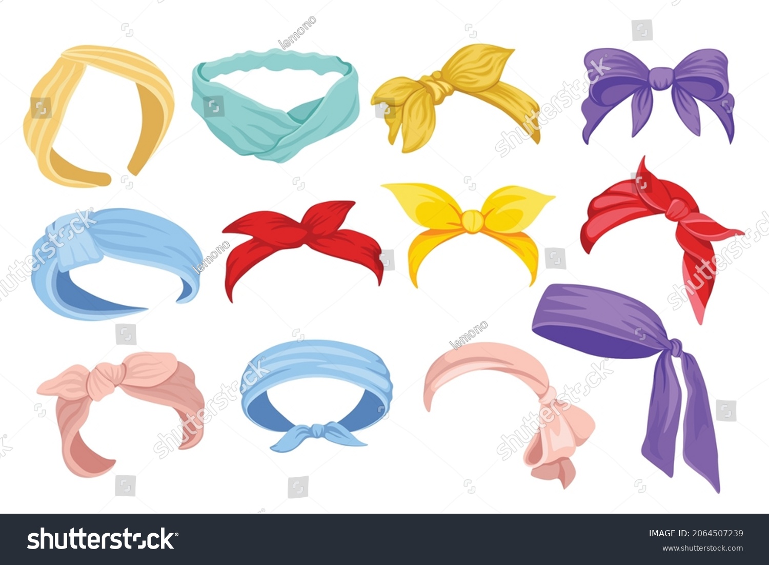 SVG of Set of Woman Bandana, Hair Bands and Scarves. Colorful Retro Headband for Hairstyle. Isolated Hair Dressing, Knotted Vintage Accessories, Feminine Textile Silk Headwear. Cartoon Vector Illustration svg