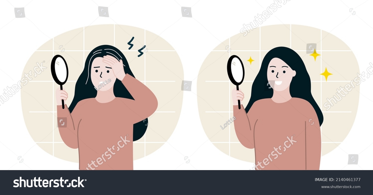 SVG of Set of woman holding mirror before and after. Girl find many grey hairs growing on head and dyeing hair. Early aging, Maturity, beauty, hairstyle concept. Flat cartoon people vector illustration. svg