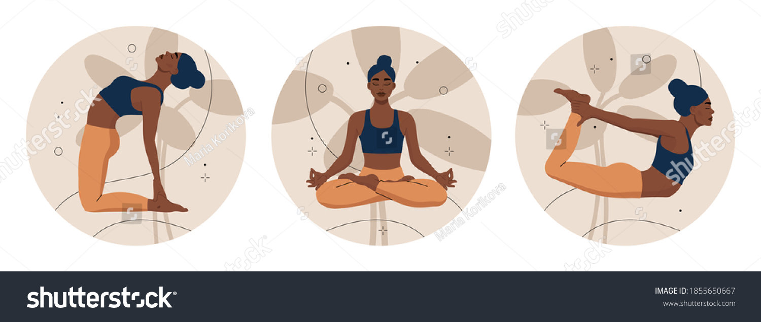 SVG of Set of women doing yoga exercise and meditating in round. Trendy slim girl relaxing and stretching on a nature background. Flat vector illustration. svg