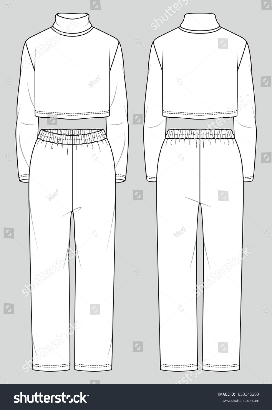 SVG of Set of women's homewear. Fashion sketch. Crop turtleneck and straight pants. Vector illustration. Flat technical drawing. Mockup template. svg