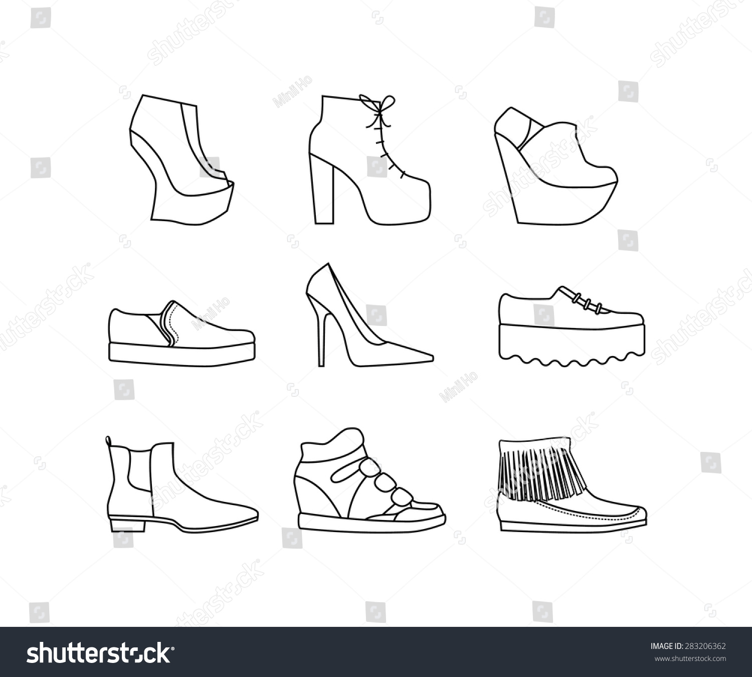 Set Of Women'S Shoes Outlined, Black And White Stock Vector 283206362 ...