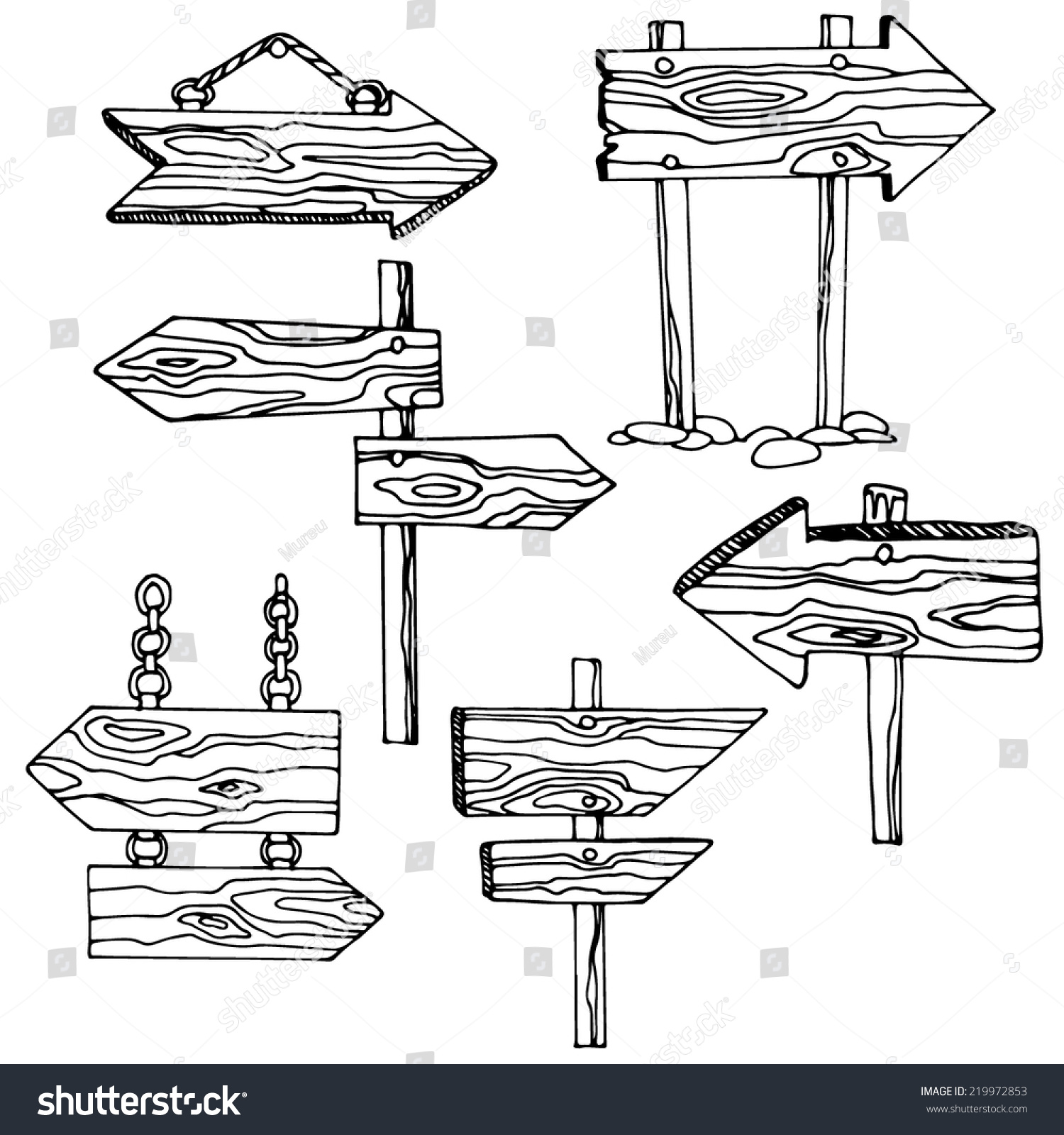 Set Wooden Signposts Handdrawn Design Elements Stock Vector (royalty 