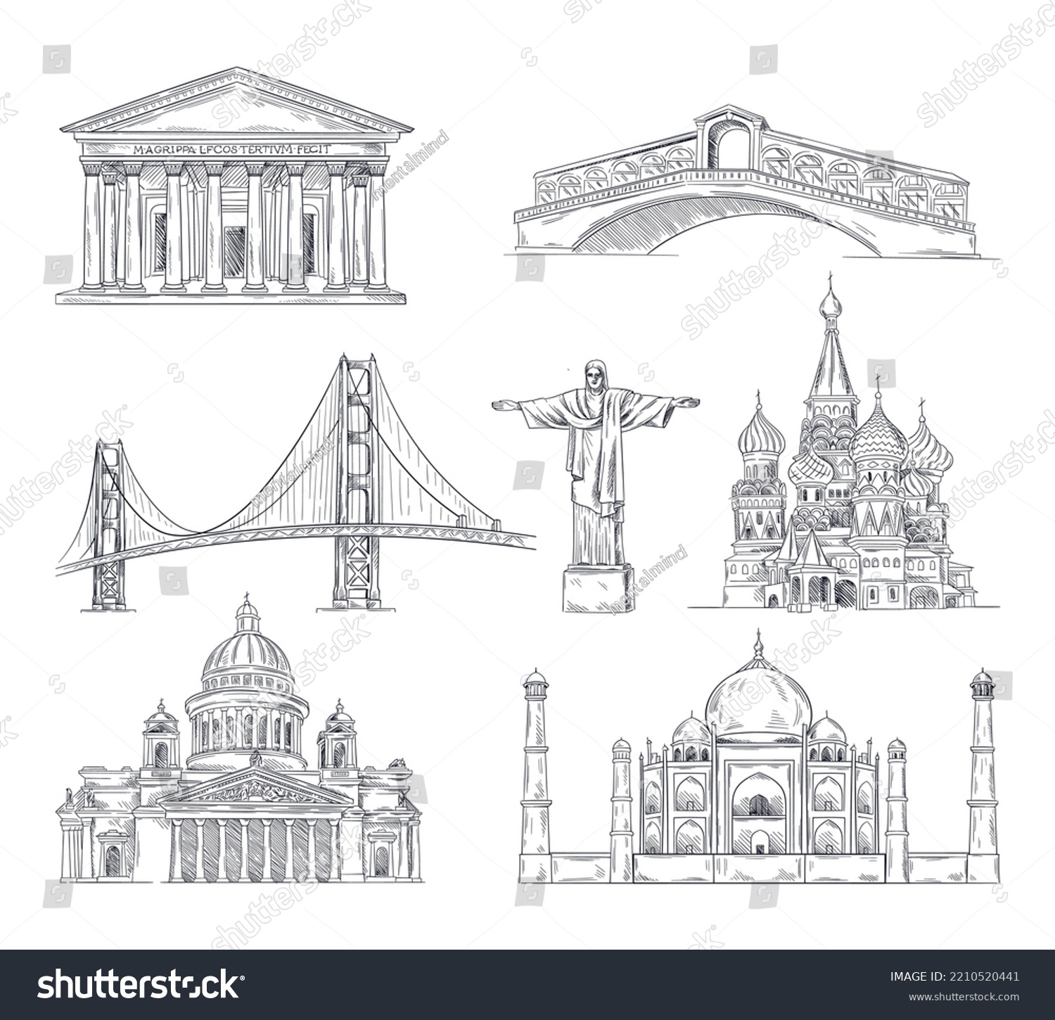 SVG of Set of world attractions. Linear sketches of various famous landmarks. Tourism and vacation. Statue of Christ Redeemer, St Basil Cathedral, Taj Mahal. Cartoon flat vector collection isolated on white svg