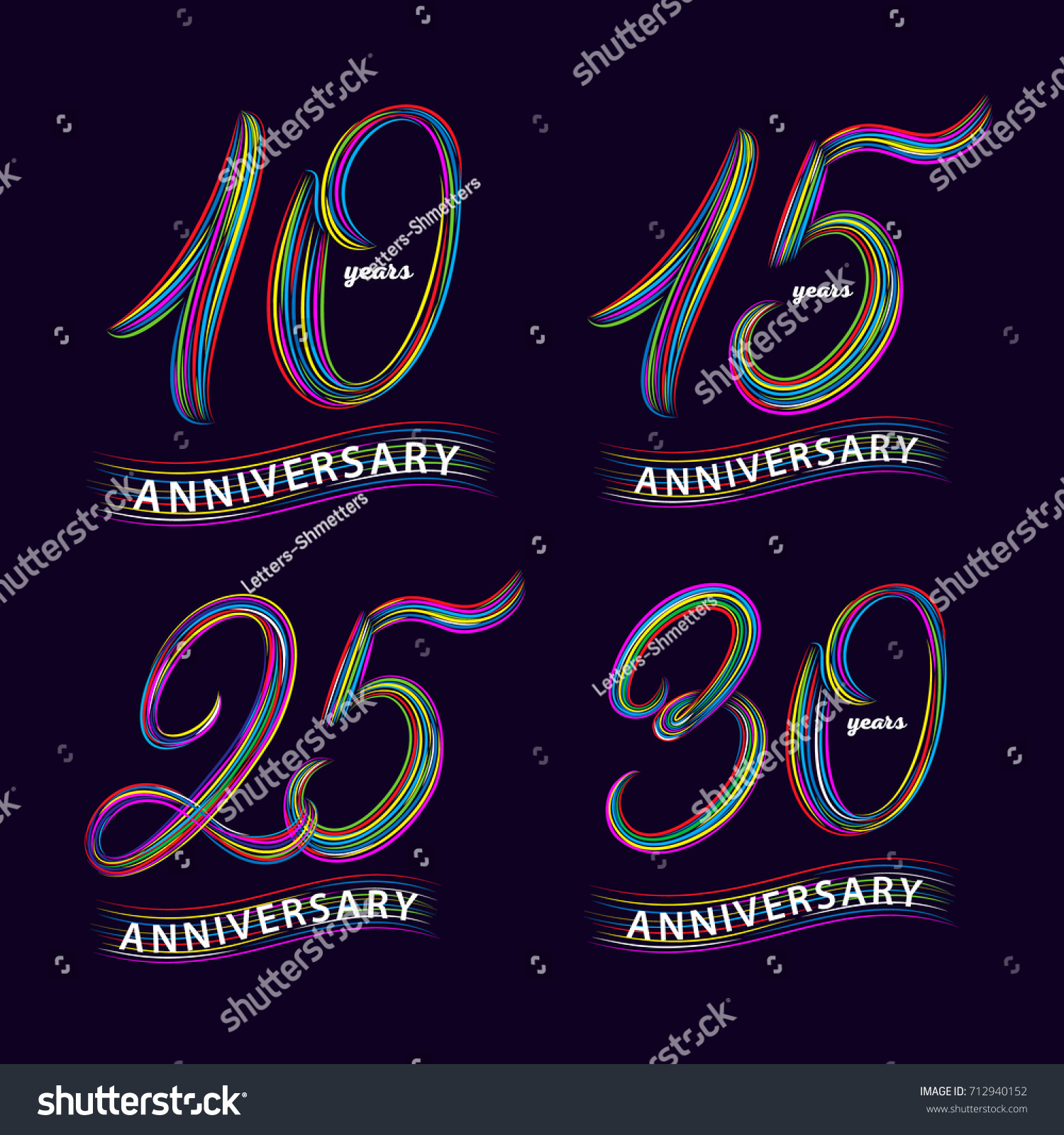 SVG of Set of 10, 15, 25, 30 years anniversary. Hand written lettering numbers. Anniversary celebration background for card, poster, print. Trendy colorful style. Isolated on background. Vector illustration. svg