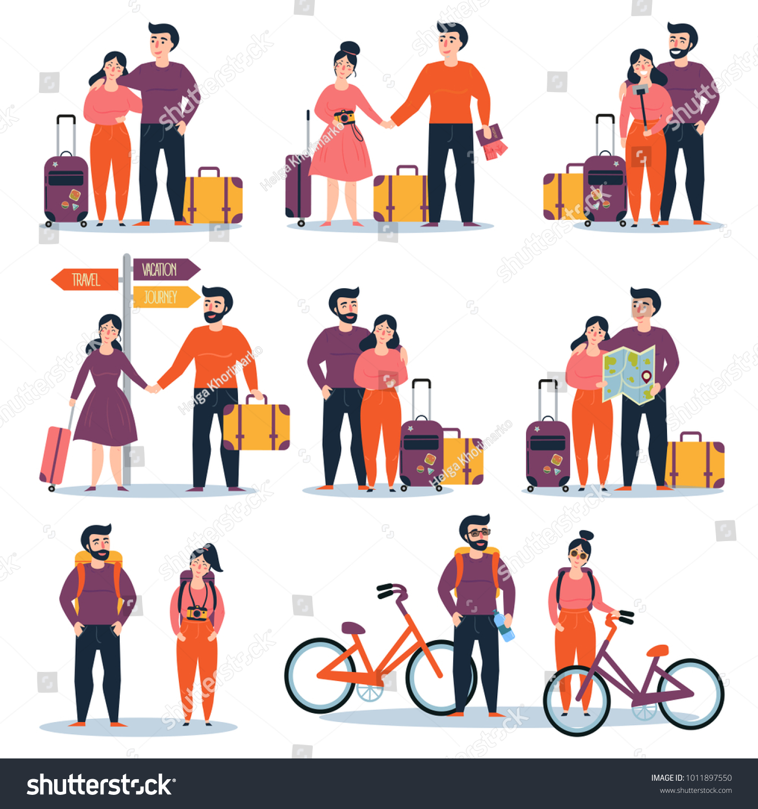 Set Young Couple Travelling Bicycle Travel Stock Vector Royalty